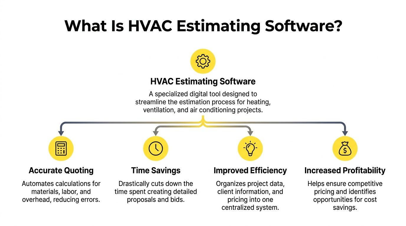 A diagram explaining the benefits of HVAC estimating software, including accurate quoting, time savings, efficiency, and profitability.