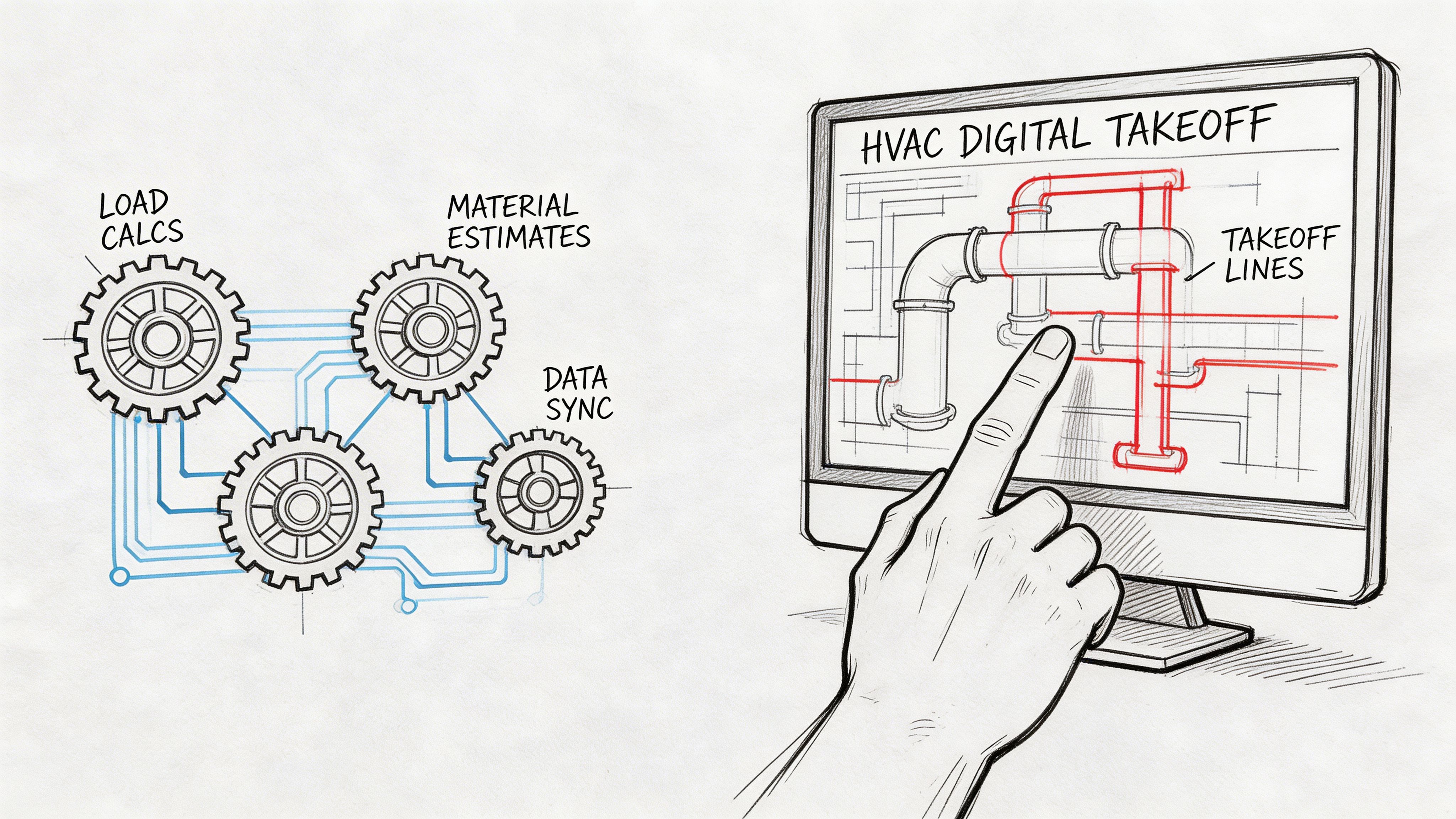 A digital illustration showing gear connections representing HVAC planning processes next to a computer screen.