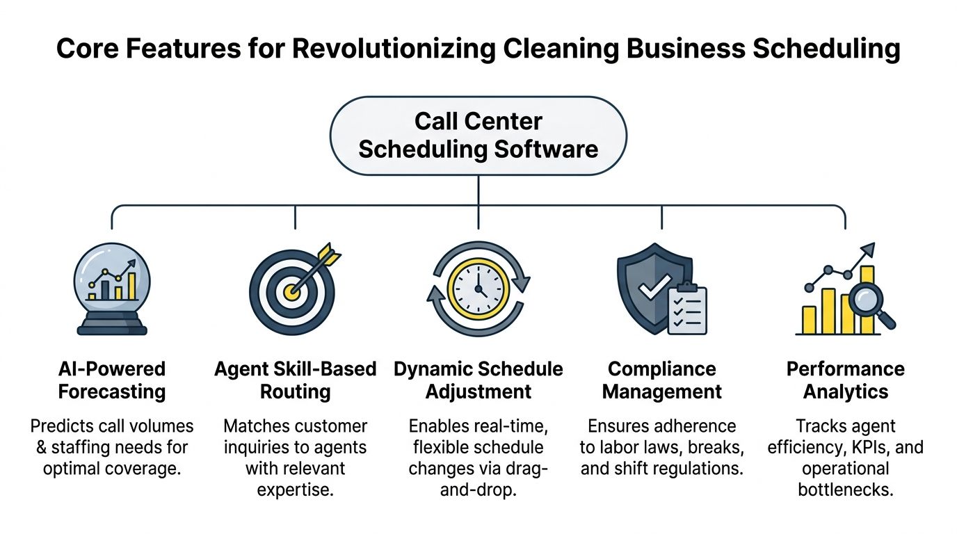 A diagram illustrating the core features of AI-powered call center scheduling software for cleaning businesses.