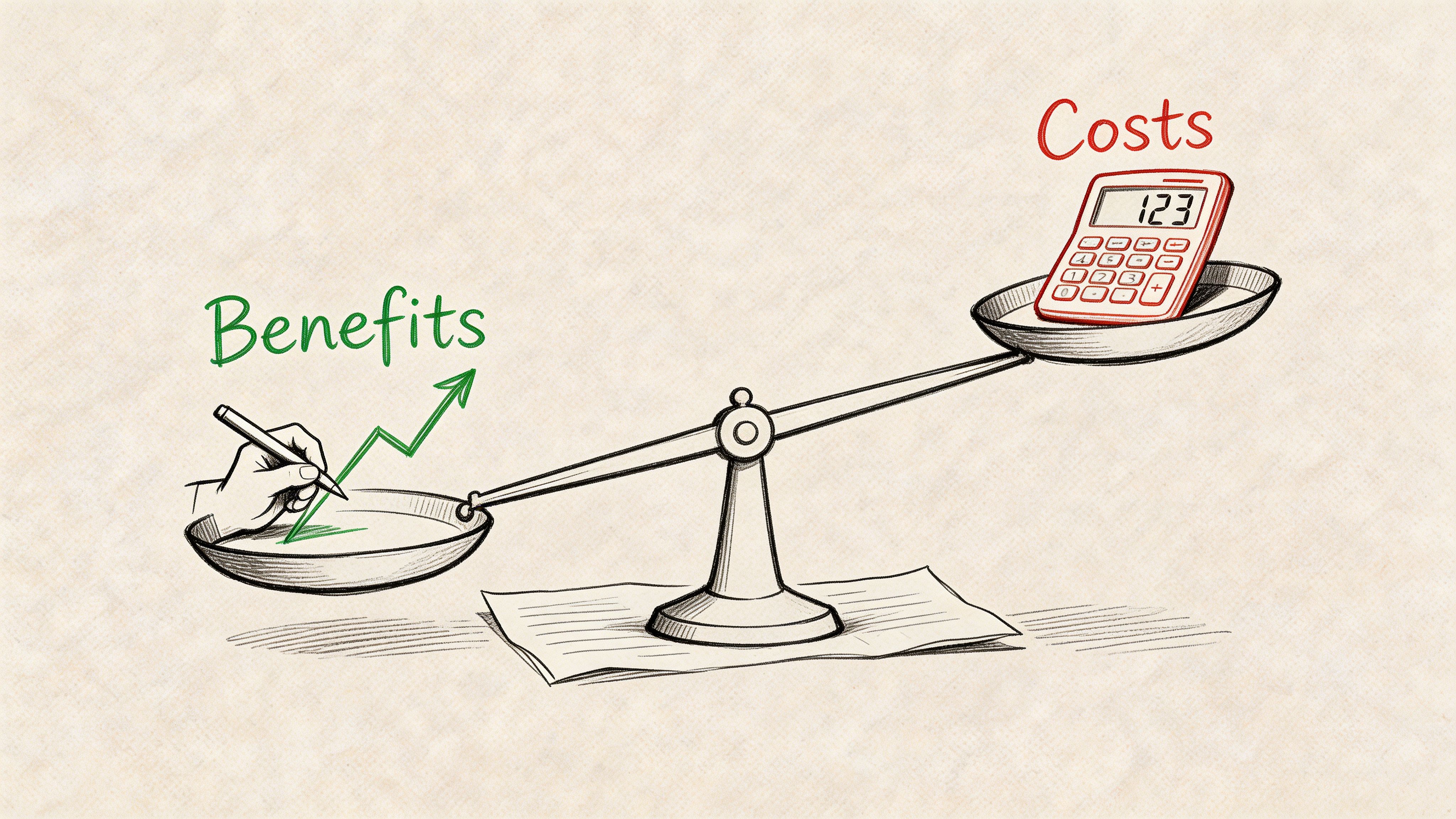 A hand-drawn illustration showing a balance scale weighing benefits against costs for business decision-making.