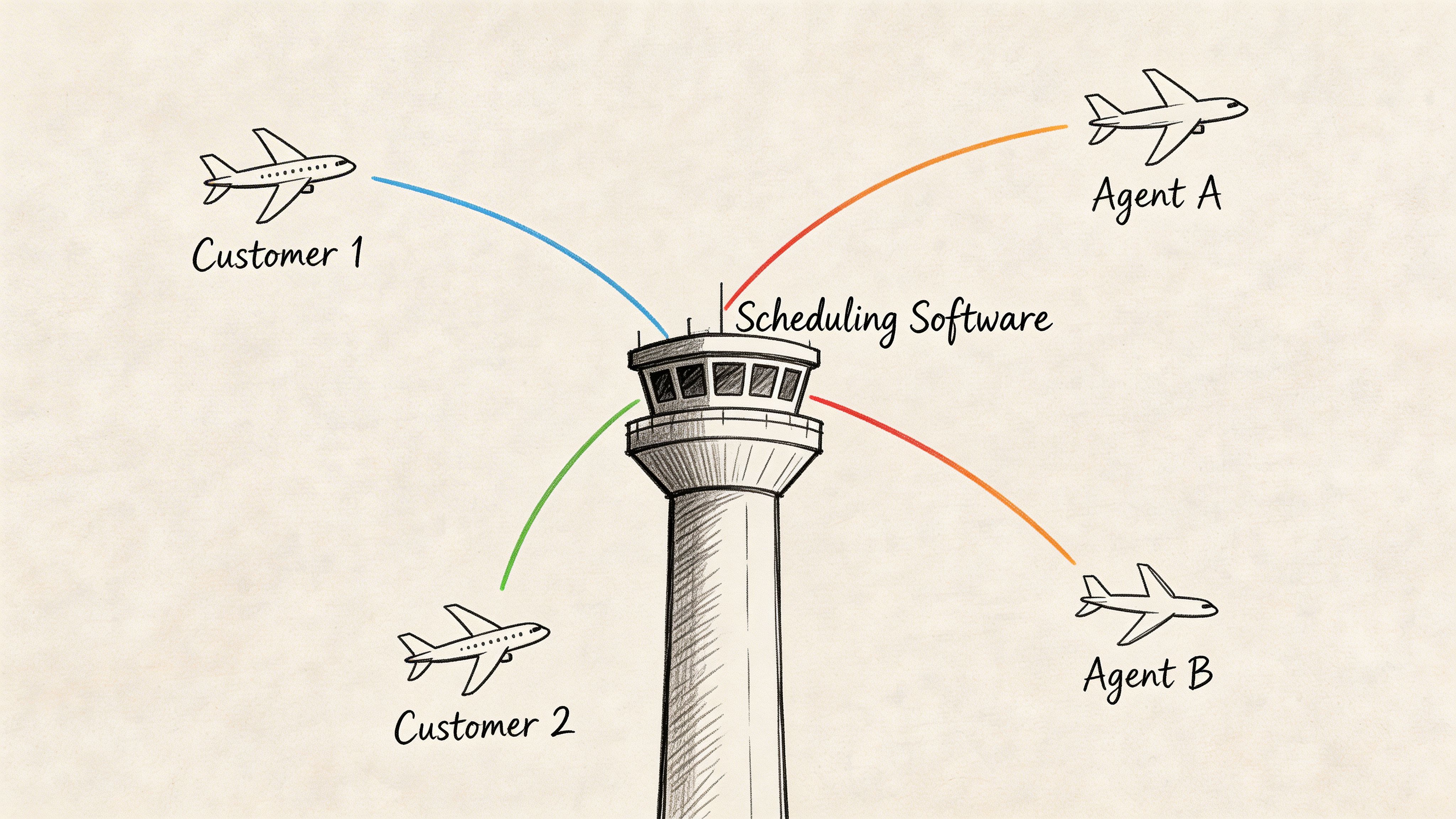 A hand-drawn illustration showing a control tower acting as a hub for customers and agents.