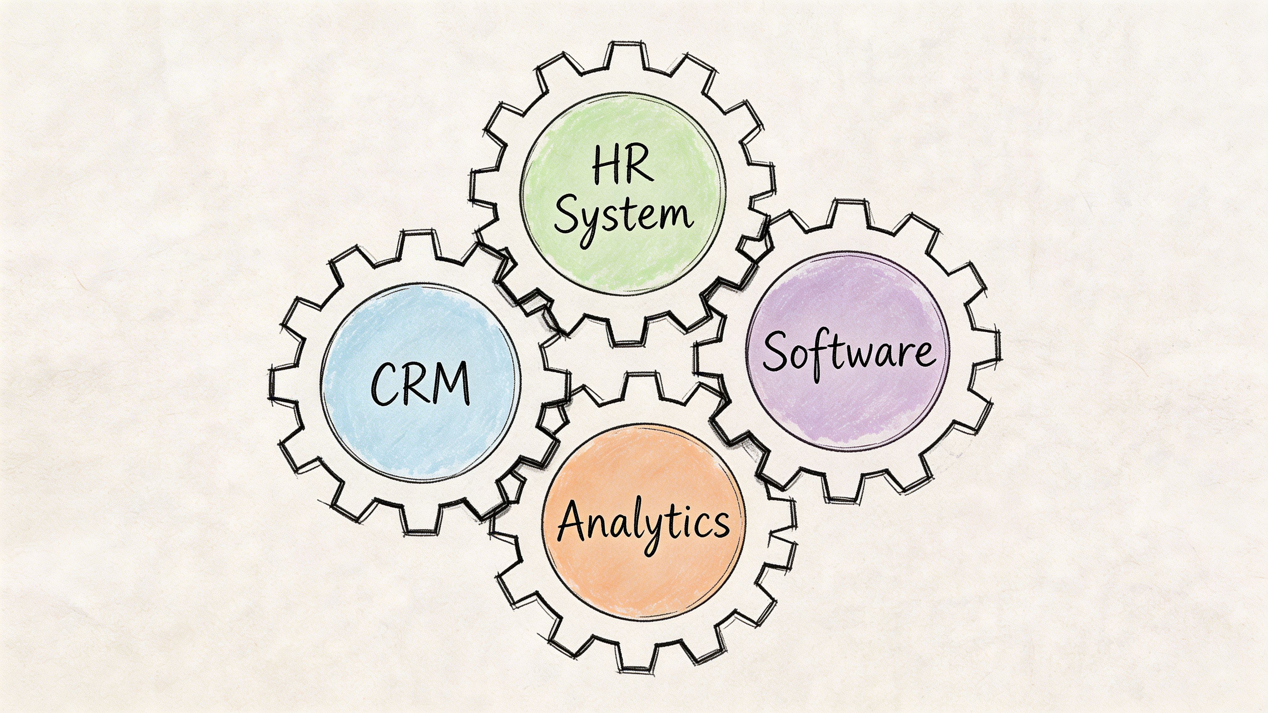 A conceptual diagram showing four interlocking gears representing business systems like HR, CRM, Analytics, and software.