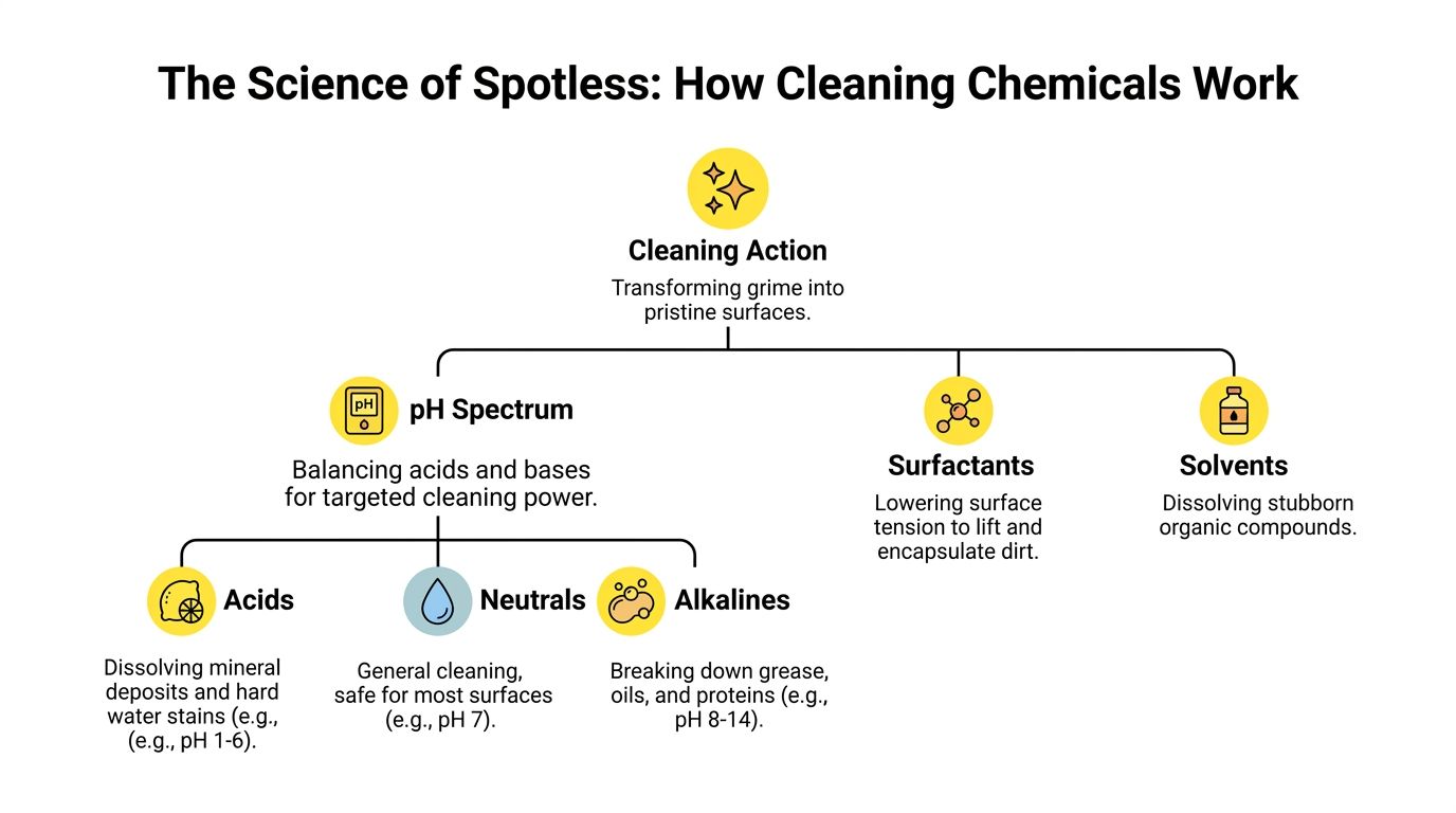 A diagram explaining the science behind cleaning chemicals through pH spectrum, surfactants, and solvents functionality.