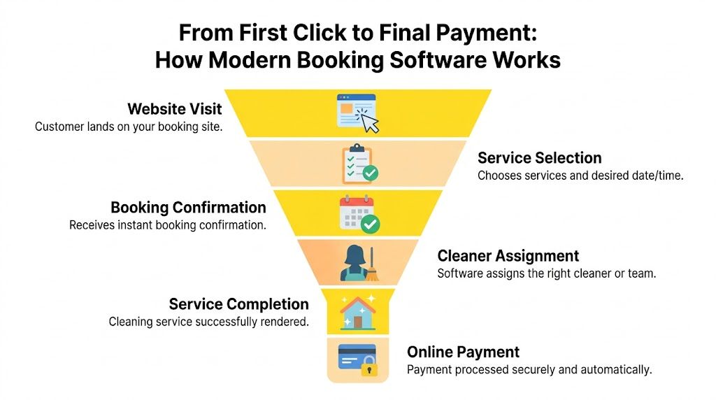 A funnel diagram illustrating the six steps of how modern booking software works for cleaning businesses.