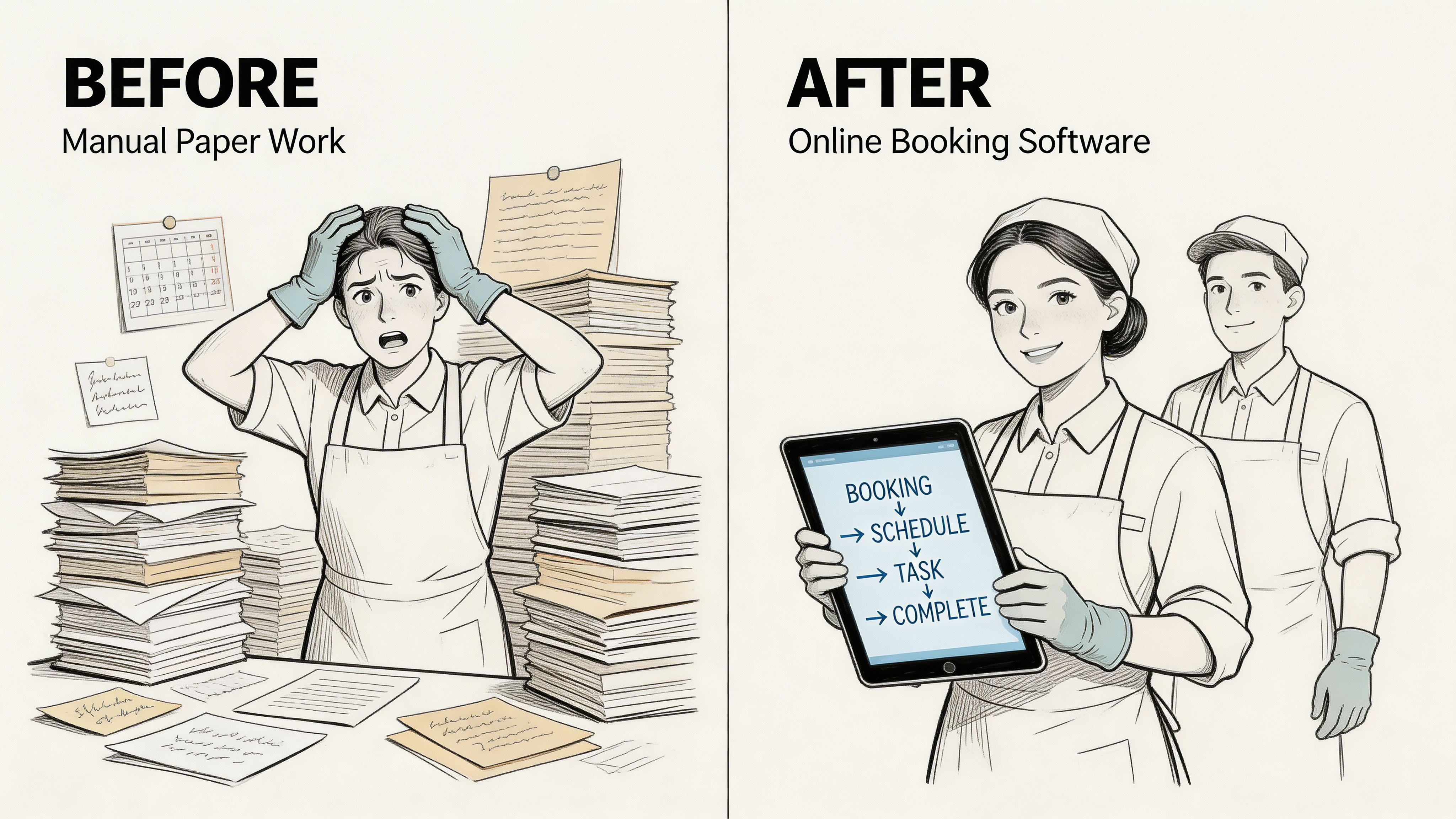 A comparison showing a stressed cleaner buried in paperwork versus a happy professional team using digital booking software.