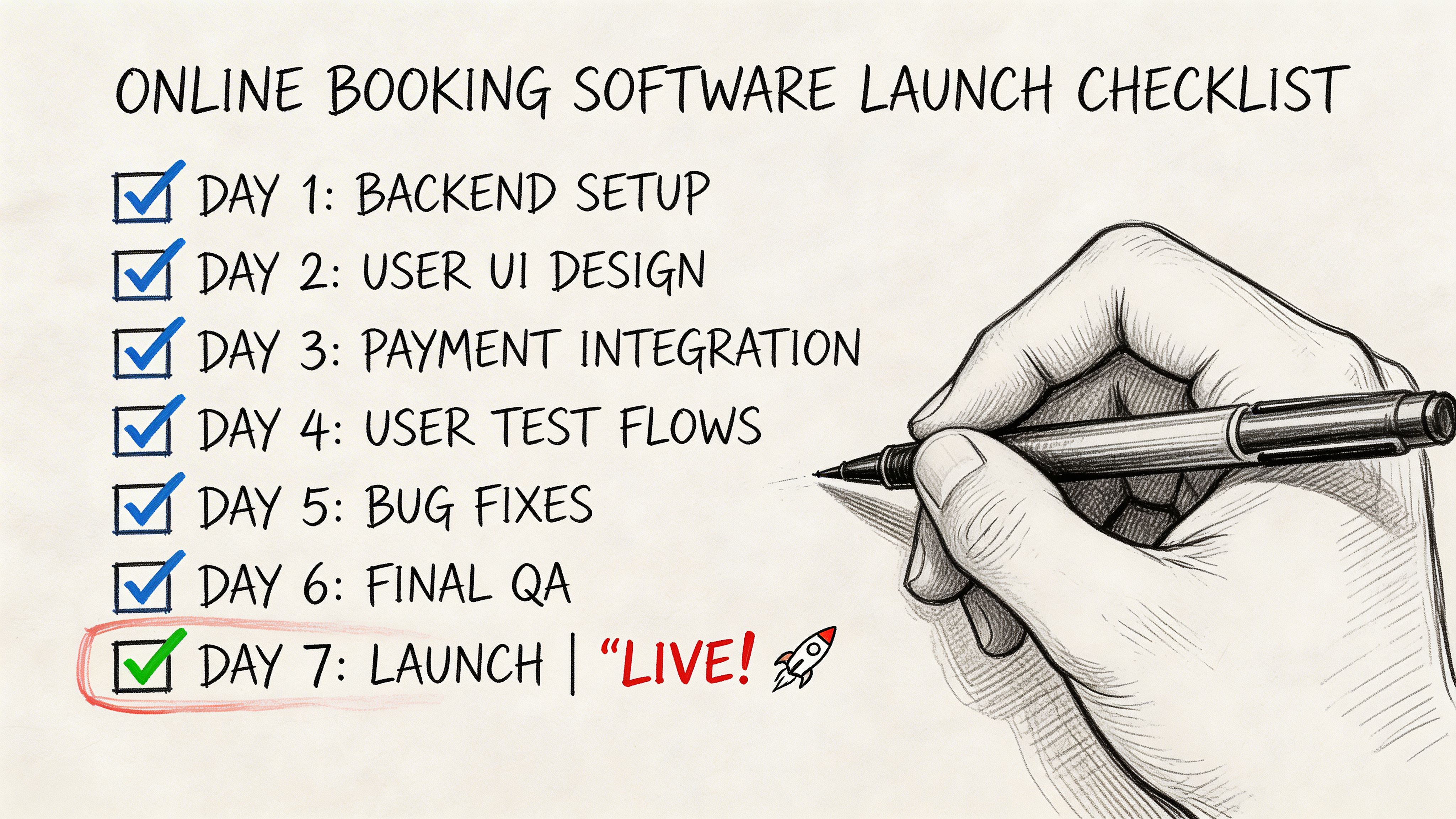A hand holding a pen checking off a seven-day online booking software launch checklist on paper.