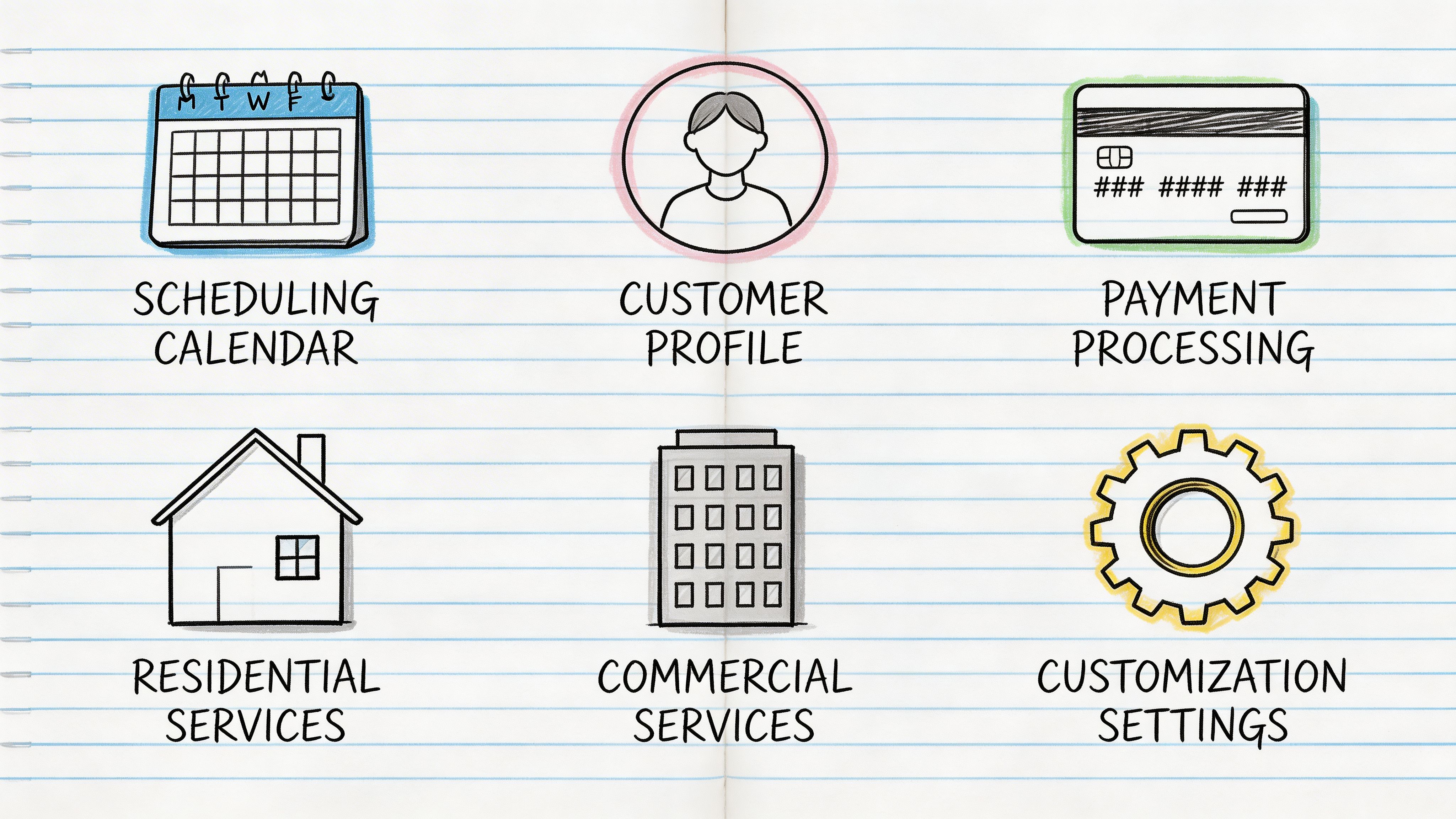 A hand-drawn illustration showing icons for scheduling, customer profiles, payments, residential services, commercial services, and settings.