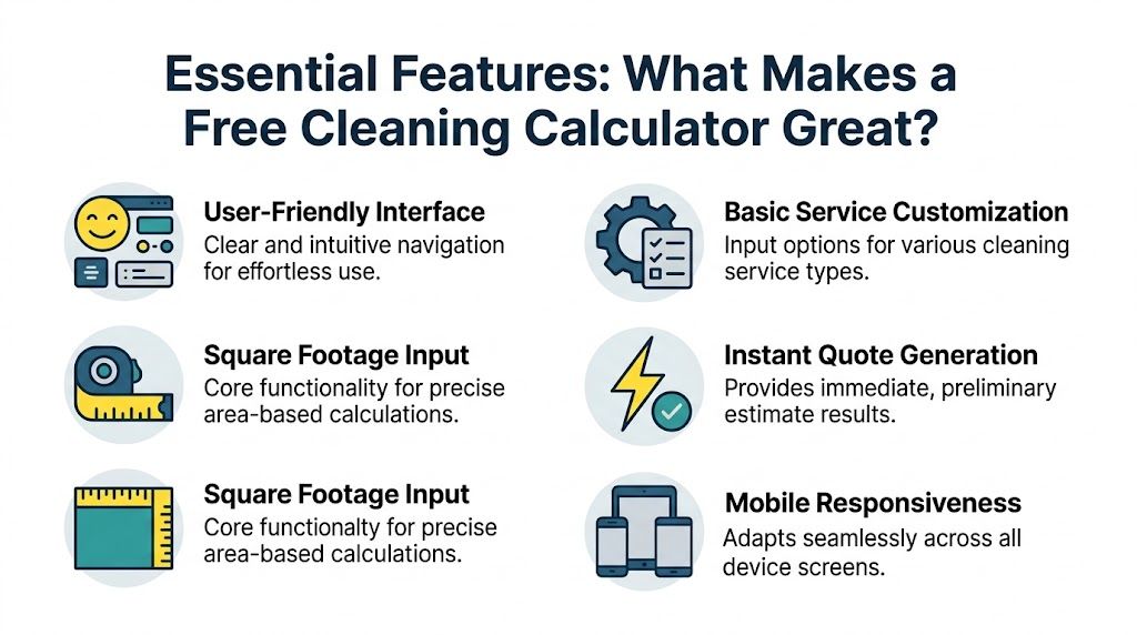 An infographic titled Essential Features describing key attributes of a high-quality free online cleaning estimate calculator.