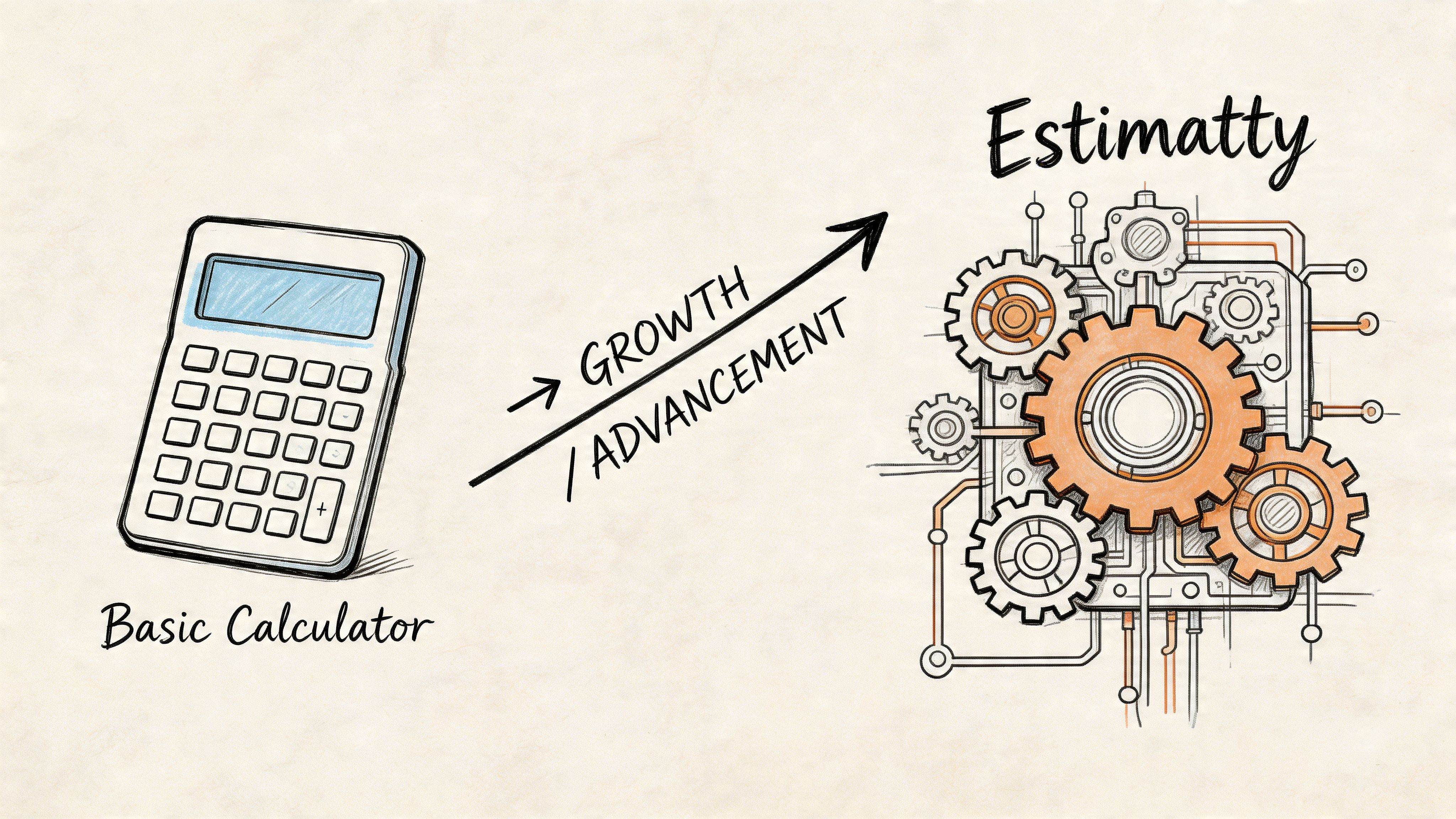 A conceptual illustration showing a basic calculator evolving into complex Estimatty software through growth and advancement.
