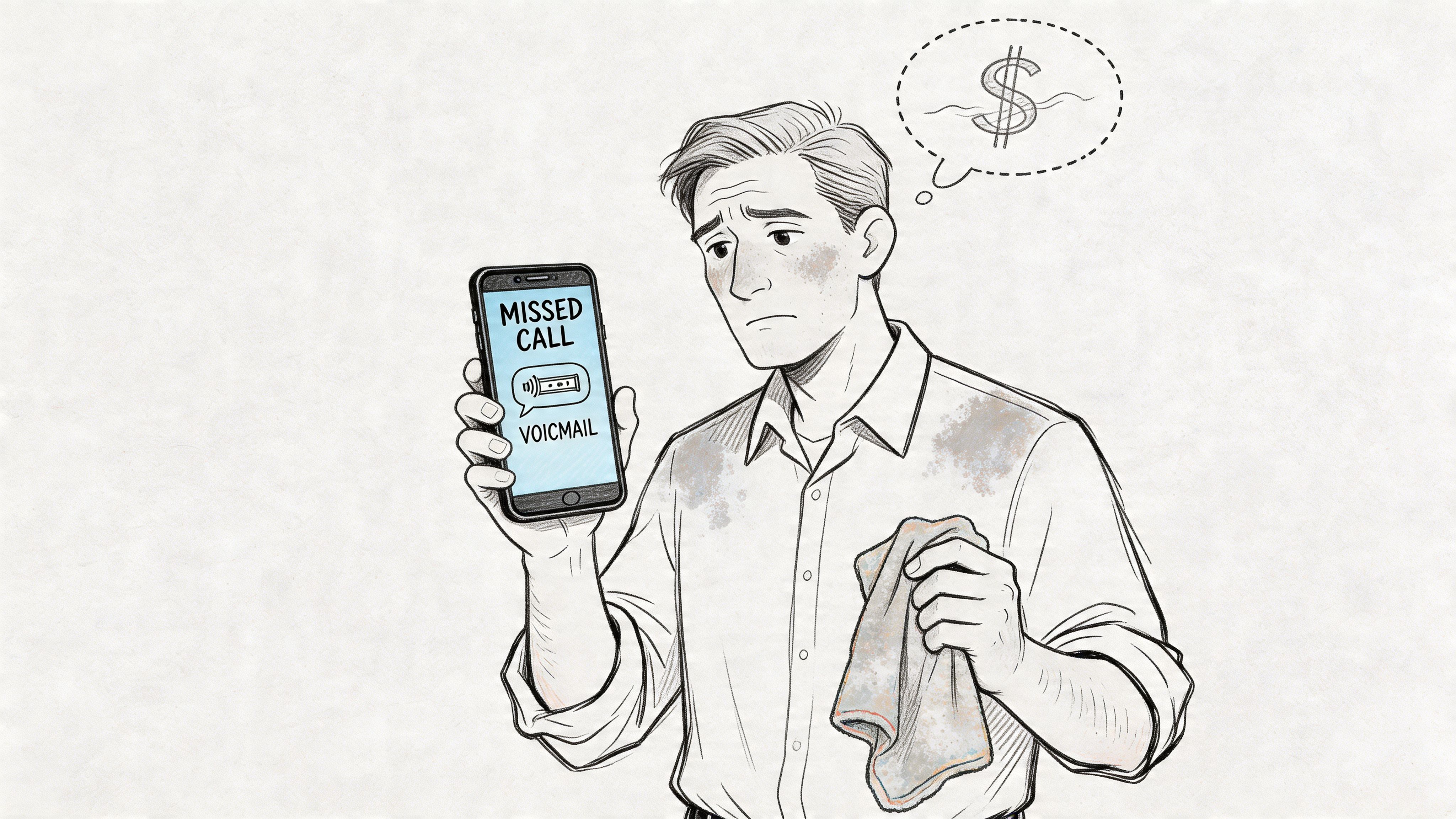 A worried man holding a phone showing a missed call notification while thinking about money costs.