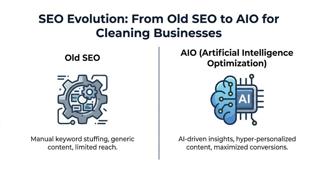 A diagram comparing traditional SEO methods with modern AI optimization strategies for cleaning businesses.