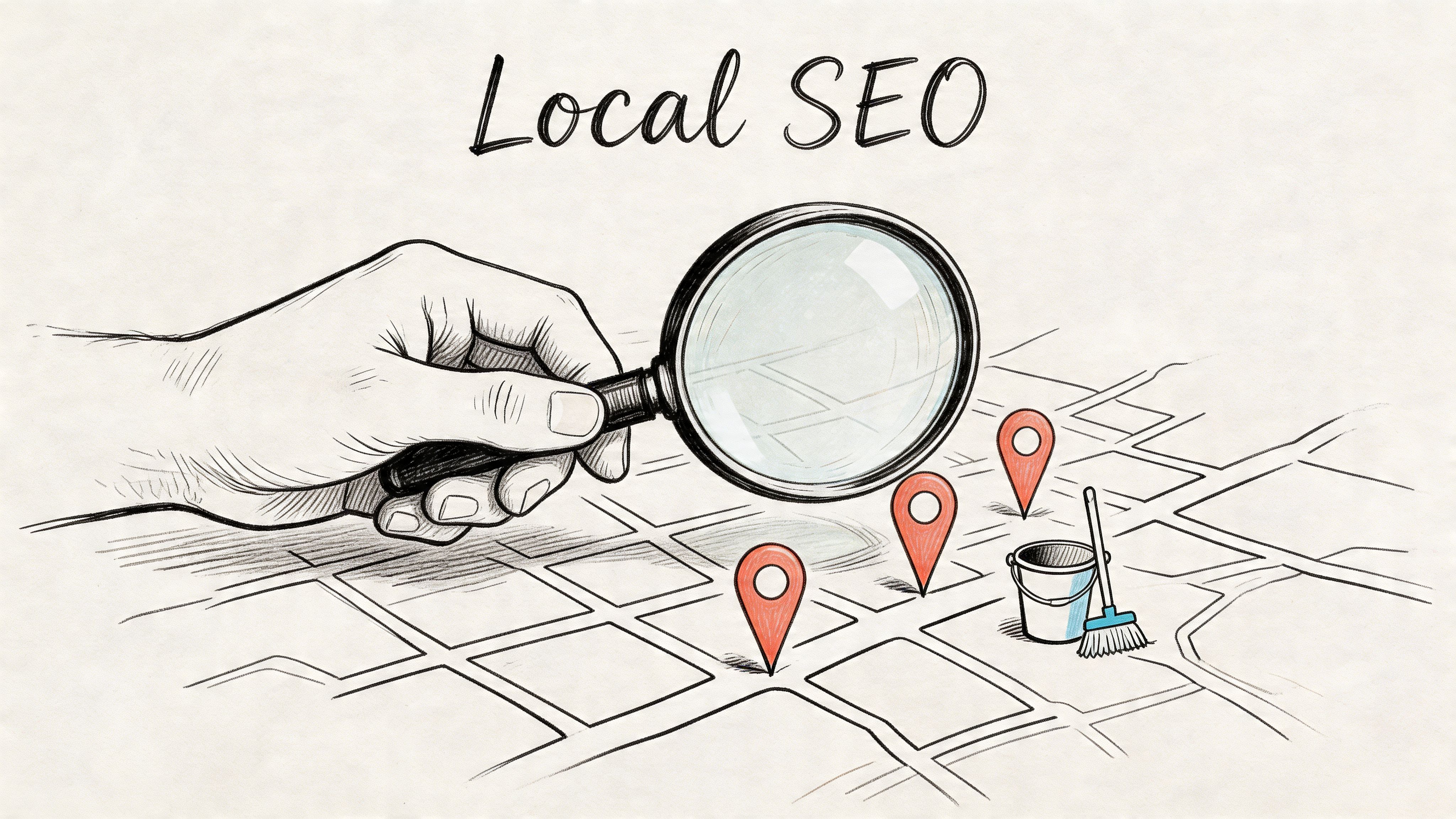 A hand holding a magnifying glass over a sketched map with location markers and cleaning supplies.