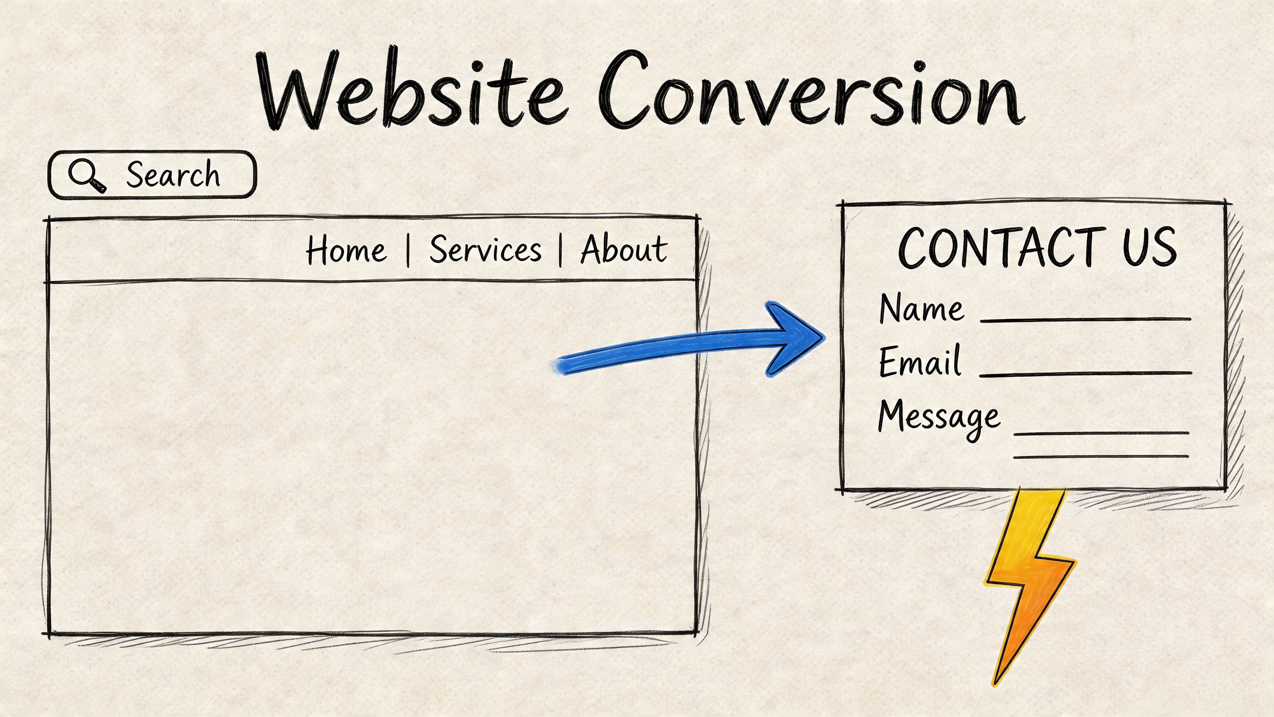 A hand-drawn sketch illustrating the concept of website conversion from a home page to a contact form.