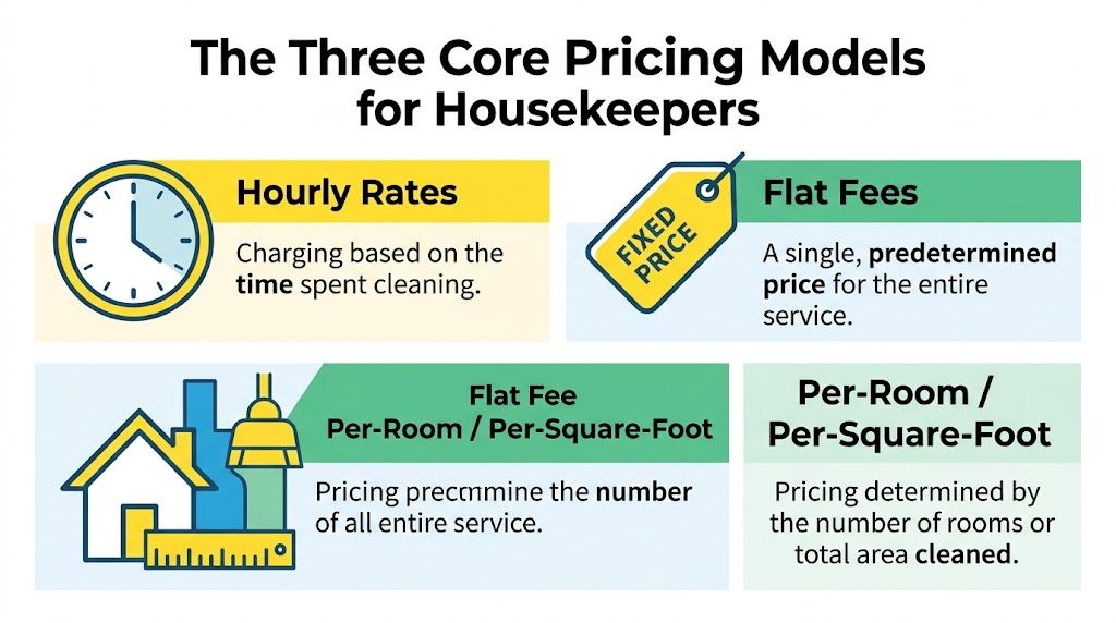 A graphic showing three core pricing models for housekeepers including hourly rates, flat fees, and per-room or square-foot pricing.