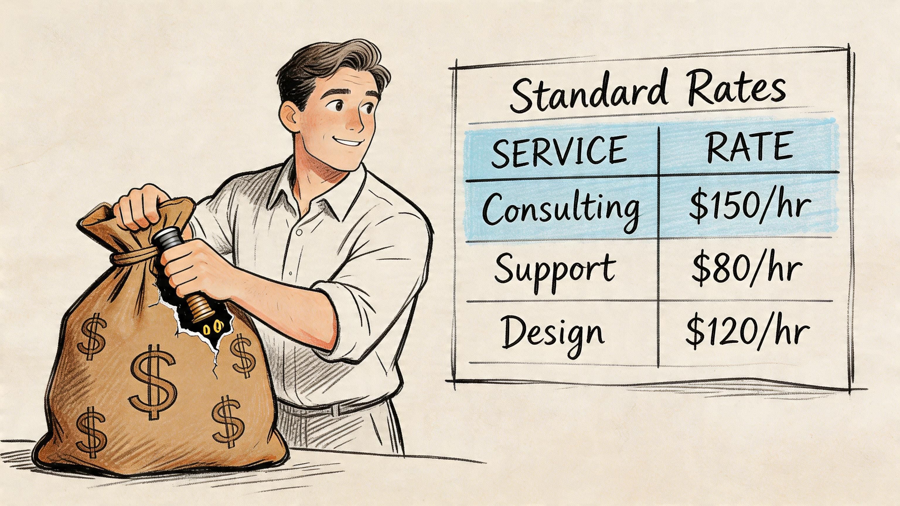 A professional man holding a bag of money next to a chart showing hourly service rates.