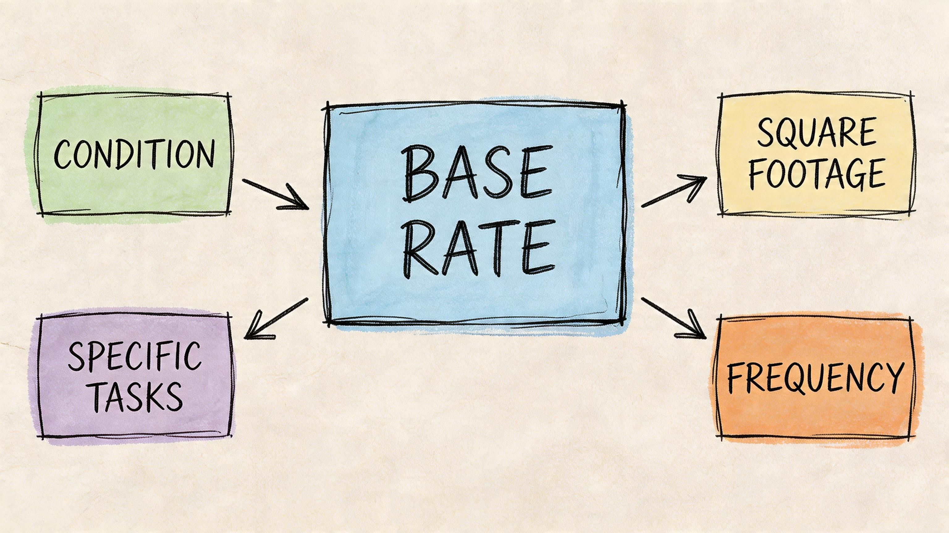 A diagram illustrating factors that influence a housekeeper's base rate including condition, specific tasks, square footage, and frequency.