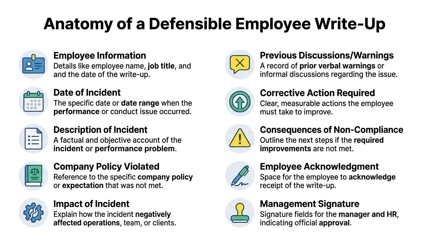 A professional infographic outlining the essential components of a formal and legally defensible employee write-up document.