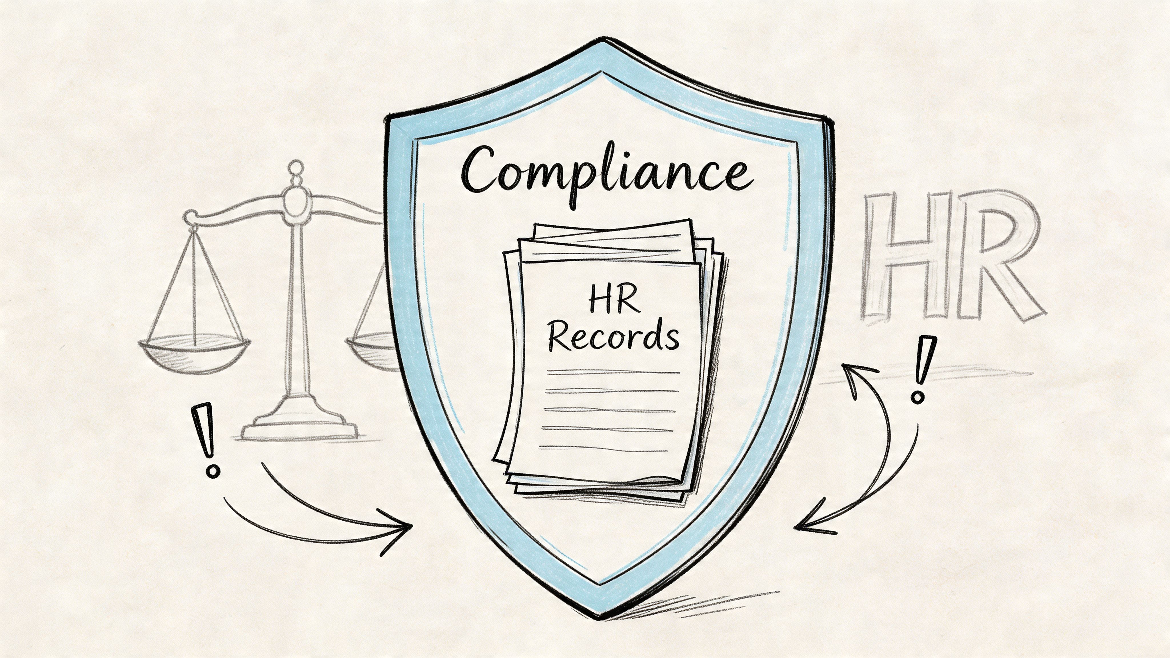 A conceptual illustration featuring a shield protecting HR records, symbolizing compliance and legal standards for human resources.