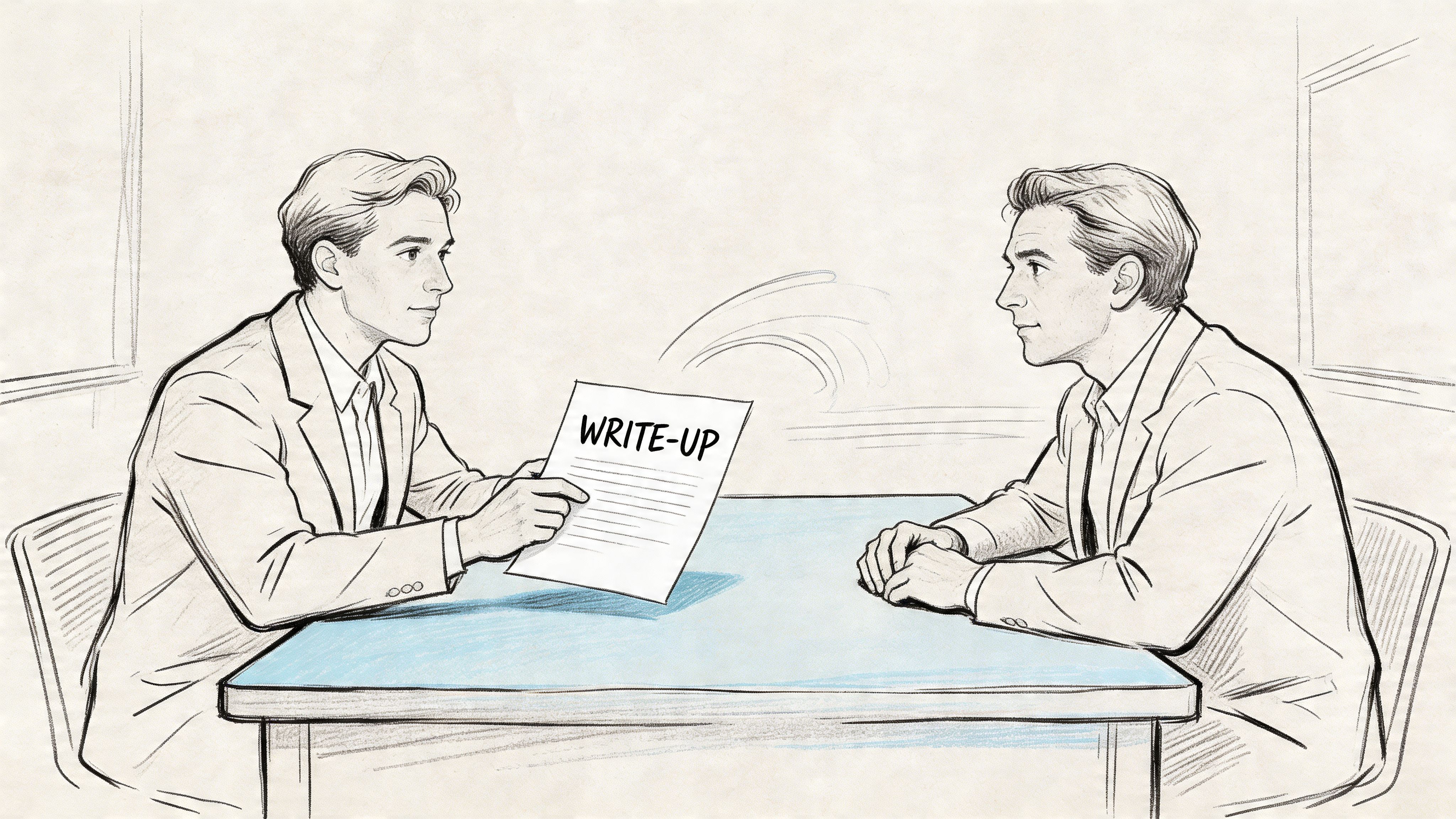 A professional man sits at a desk handing a write-up document to another man during a meeting.