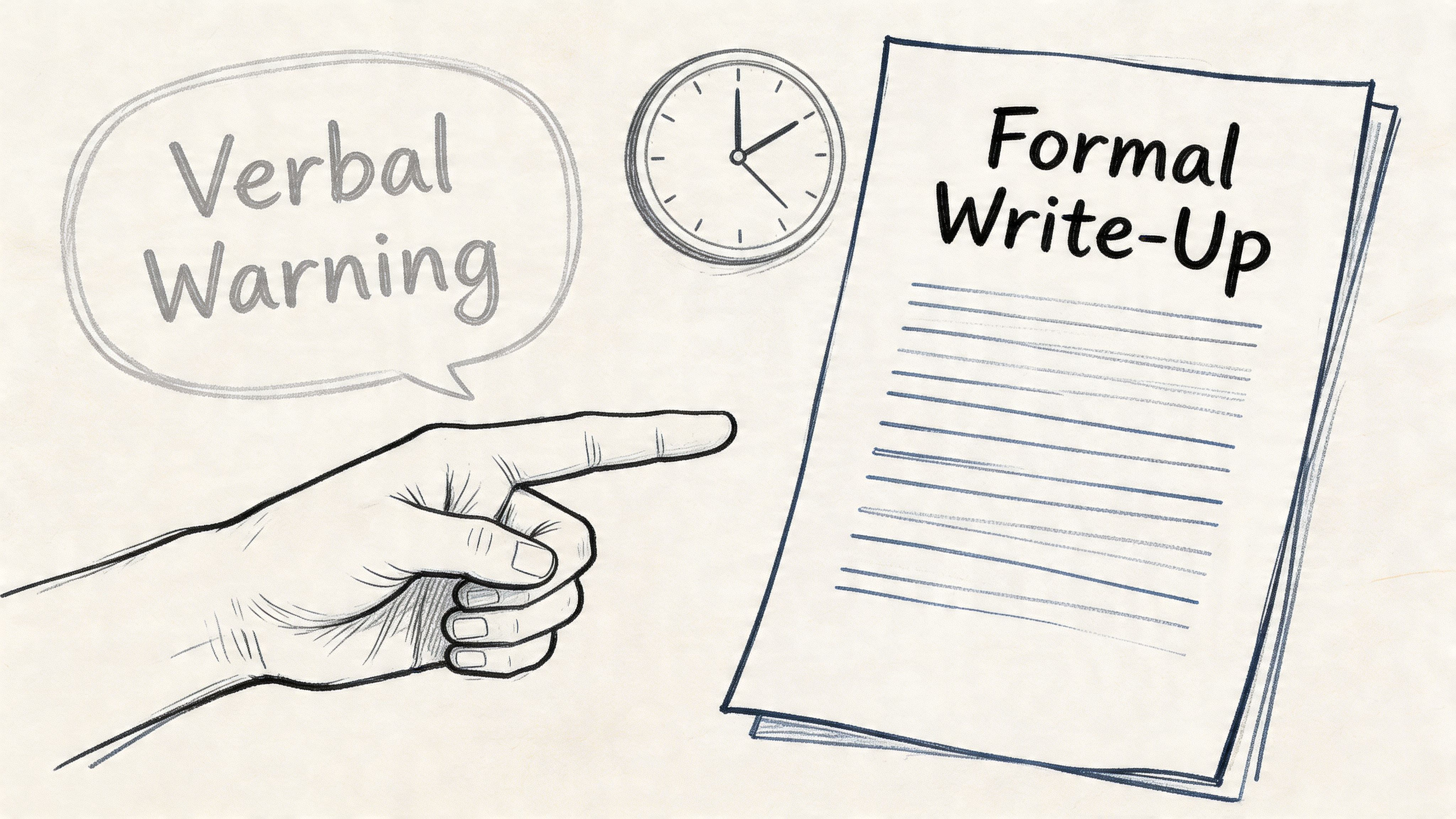 A hand points from a verbal warning speech bubble toward a document labeled formal write-up with a clock.