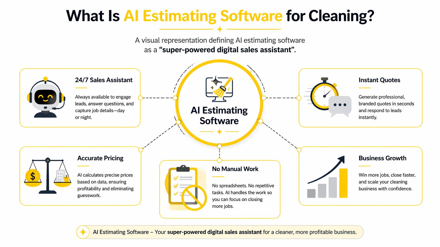 A diagram explaining how AI estimating software helps cleaning businesses manage quotes and grow their sales efficiently.