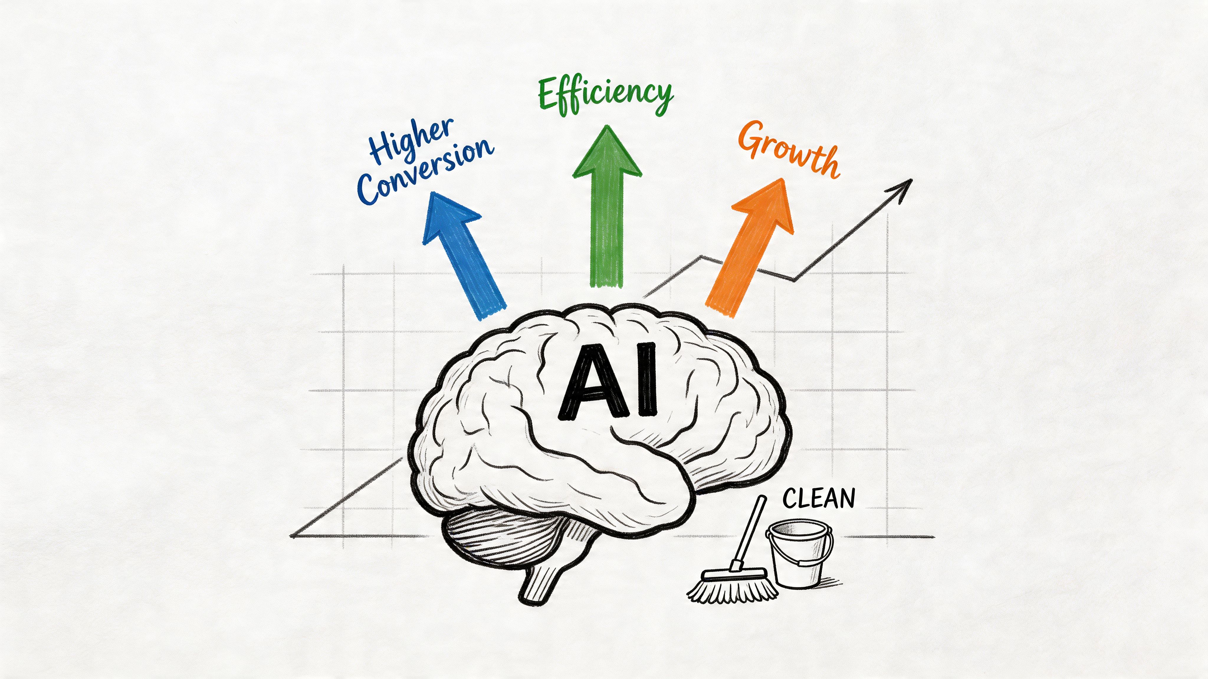 A hand-drawn illustration showing a brain labeled AI, with arrows pointing toward growth, efficiency, and conversion.