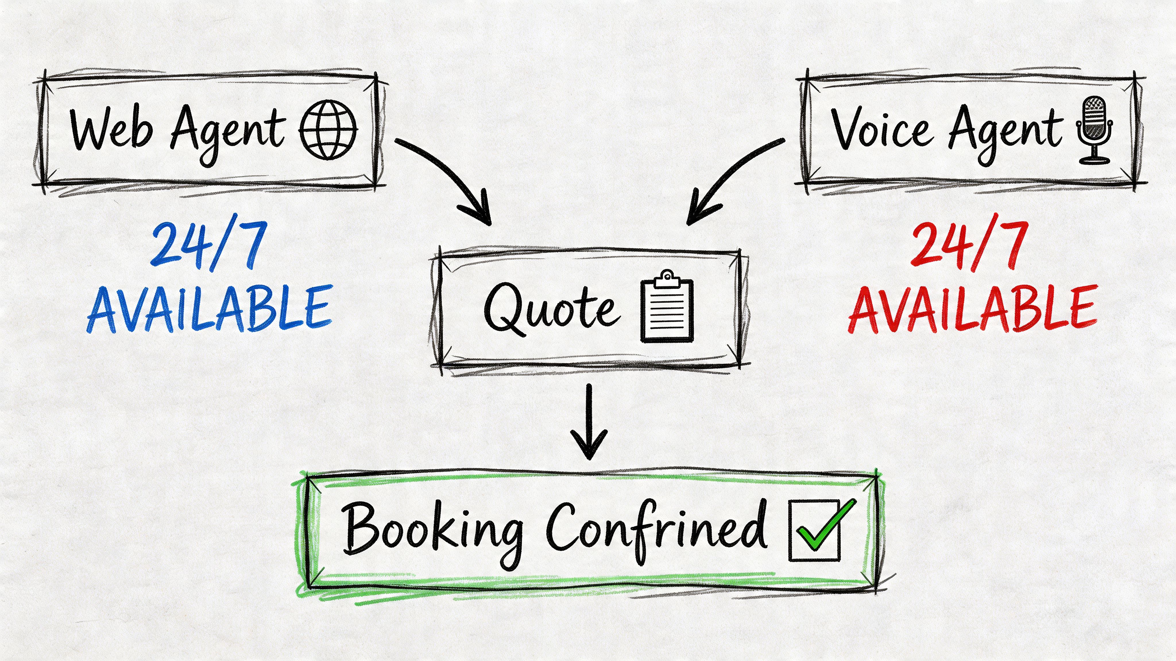 A diagram illustrating how web and voice agents provide quotes, leading to a confirmed booking.