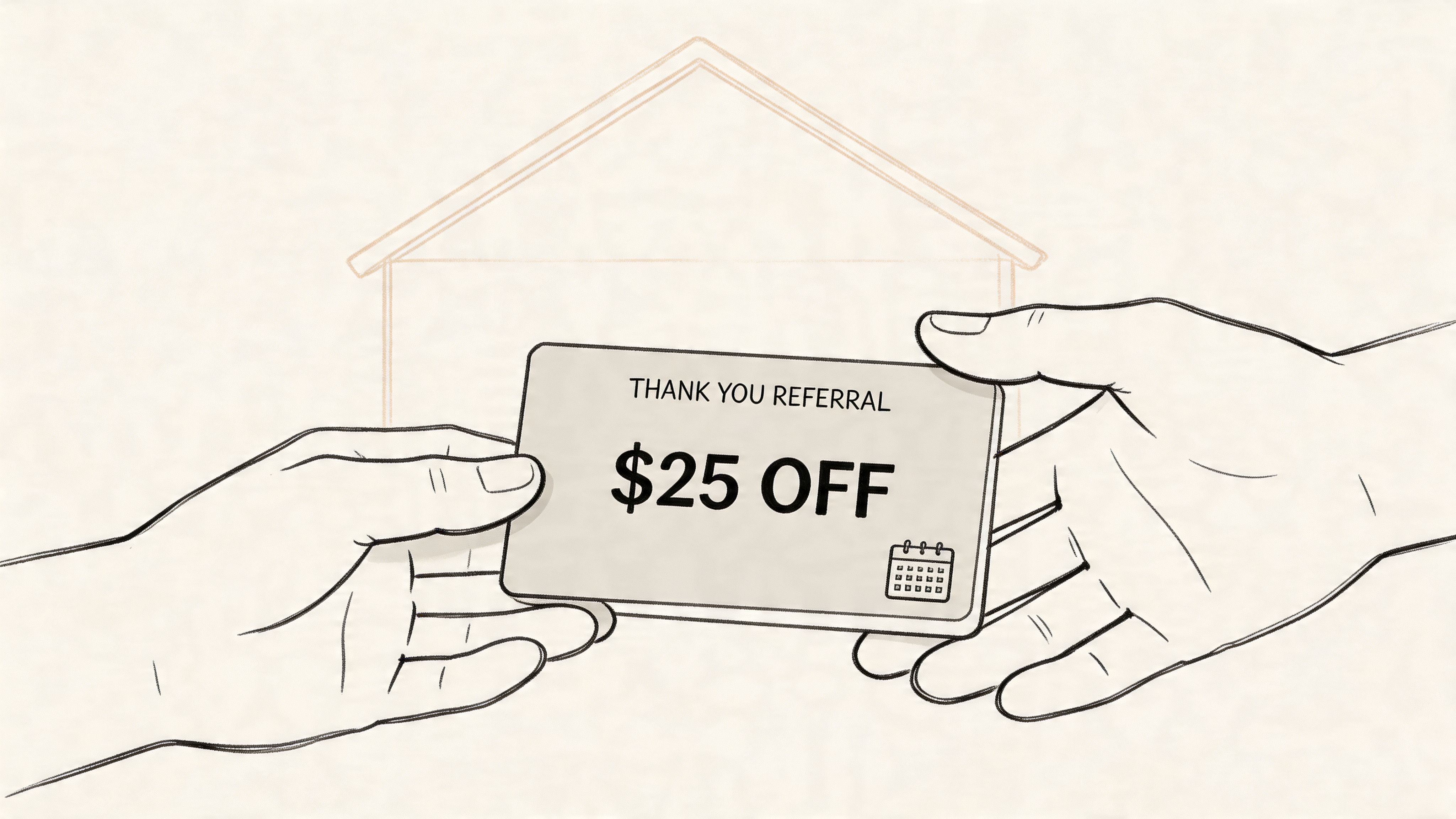 A hand handing a gift card with the text Thank You Referral and $25 Off to another hand.