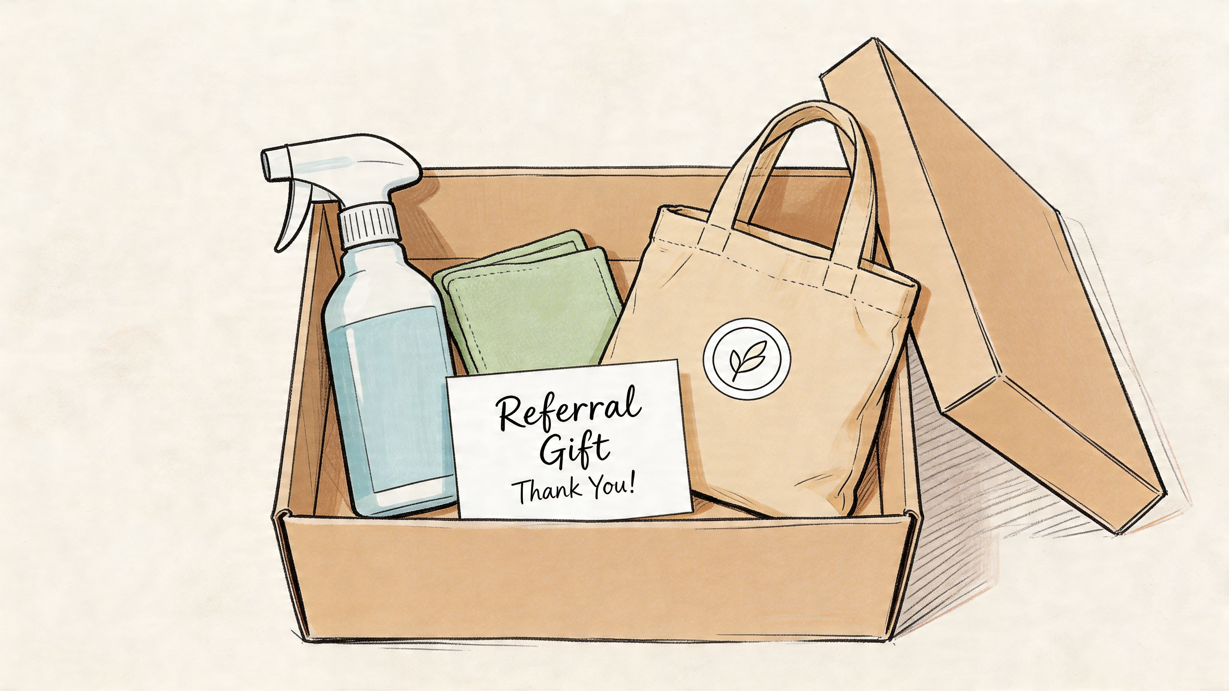 A cardboard gift box containing a spray bottle, folded cloth, tote bag, and a referral note.