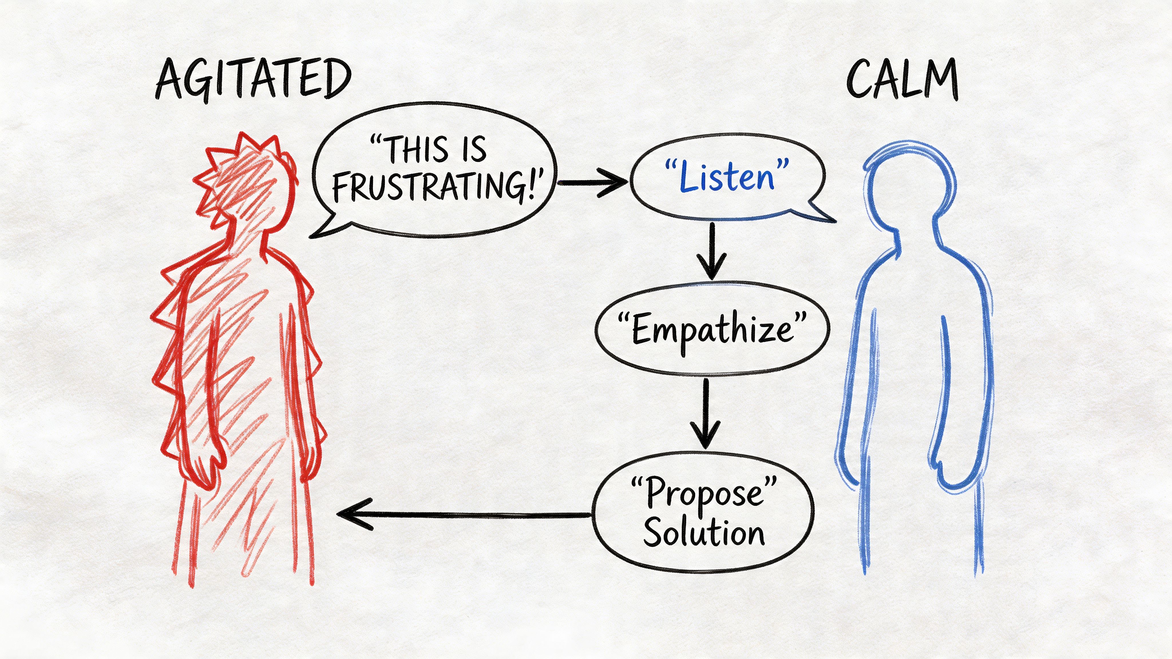 A diagram illustrating the process for dealing with difficult customers through listening, empathy, and proposing solutions.