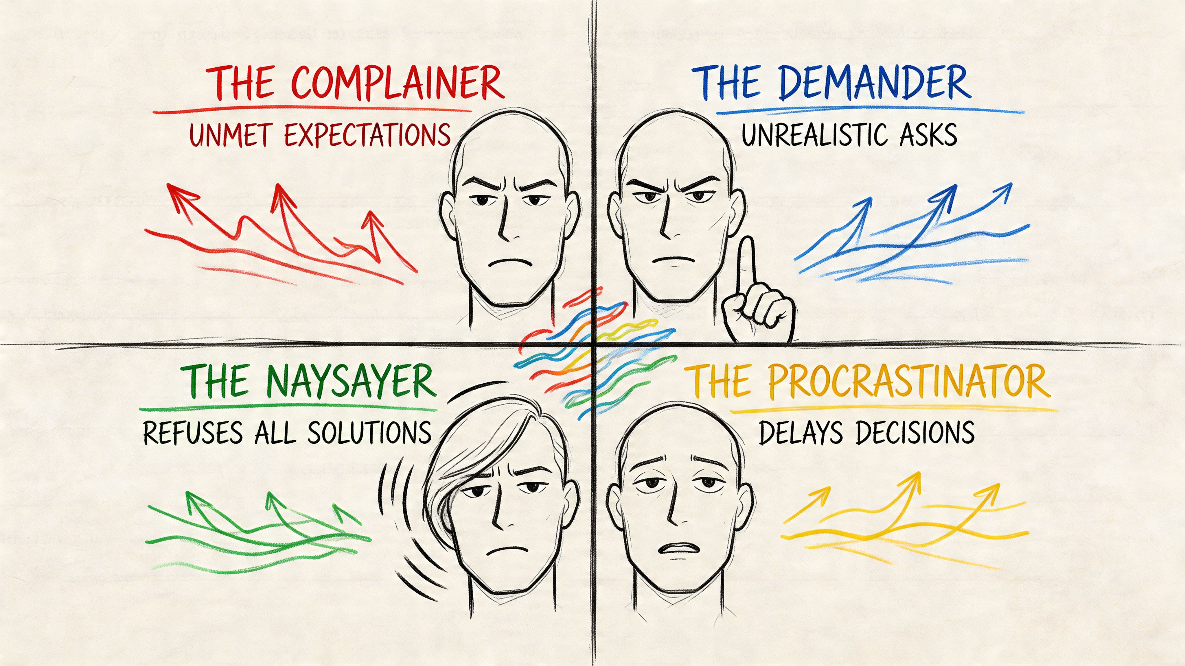 A diagram categorized into four quadrants illustrating types of difficult people, including complainer, demander, naysayer, and procrastinator.