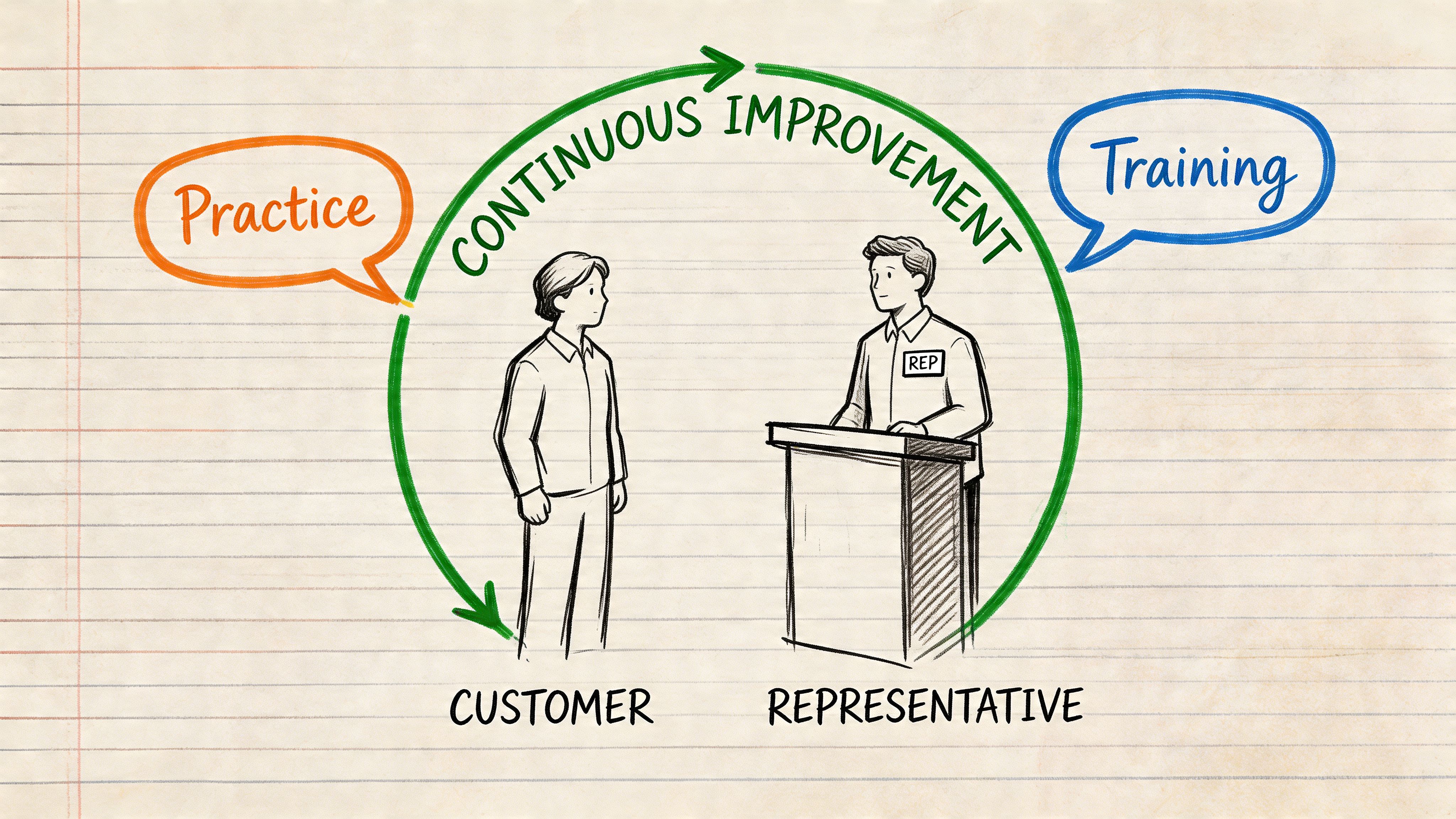 A diagram illustrating continuous improvement through training and practice between a customer and a representative.