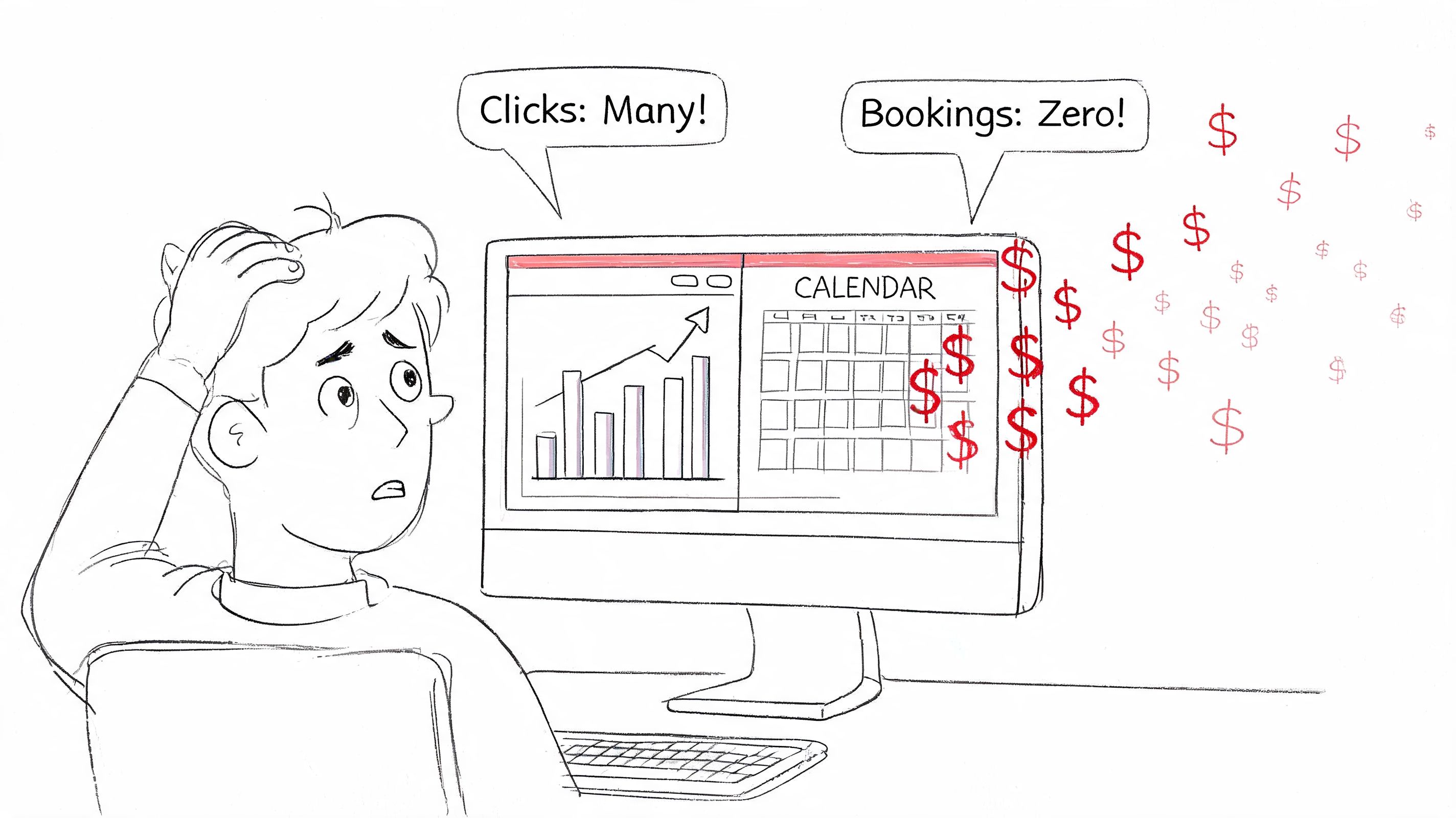 A frustrated person looking at a computer screen showing high clicks but zero bookings on calendar.