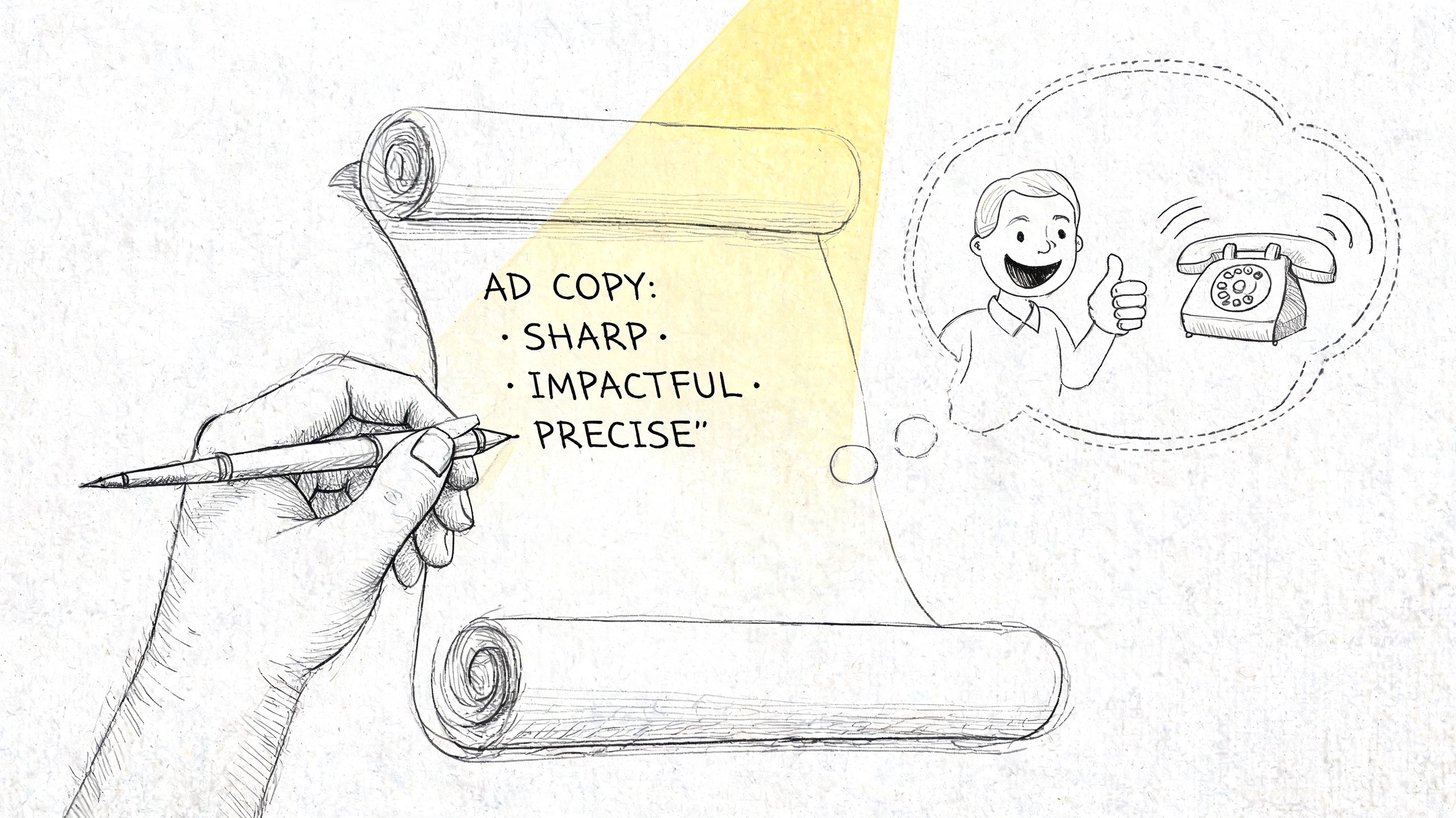 A hand drawing a scroll with ad copy points and a thought bubble of a happy customer.