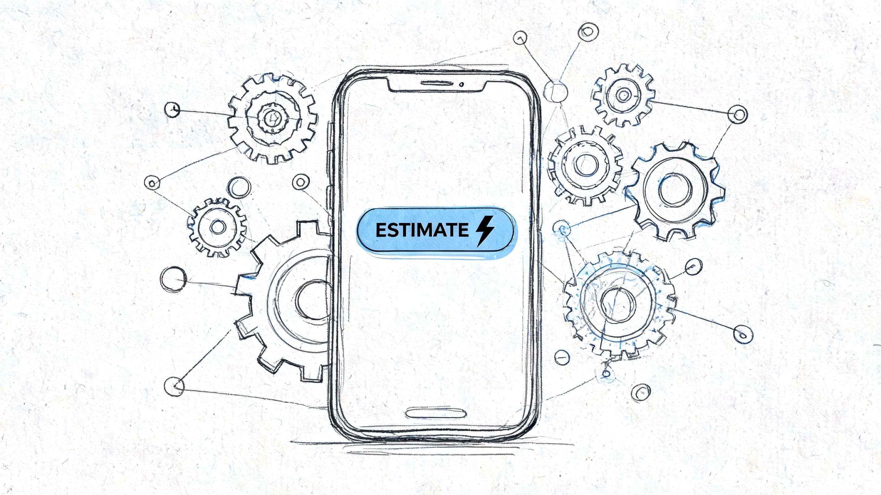 A hand-drawn sketch of a smartphone with an estimate button and gears symbolizing digital service automation.