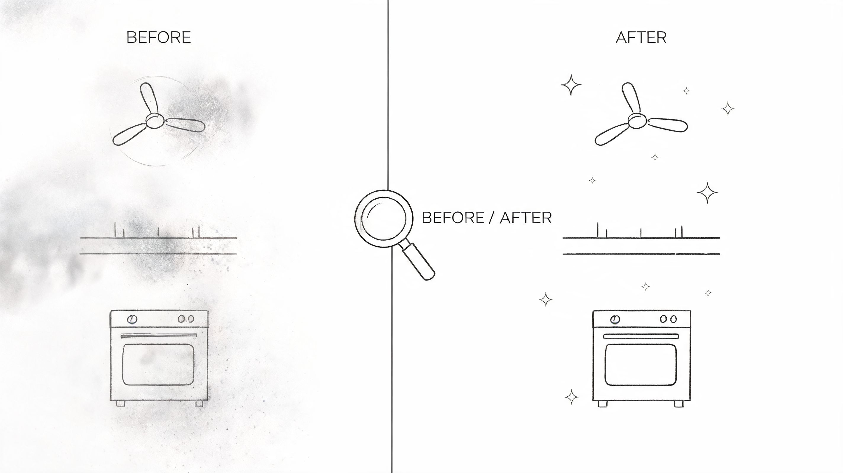 A split image comparison showing dusty home appliances before and clean, sparkling appliances after cleaning services.