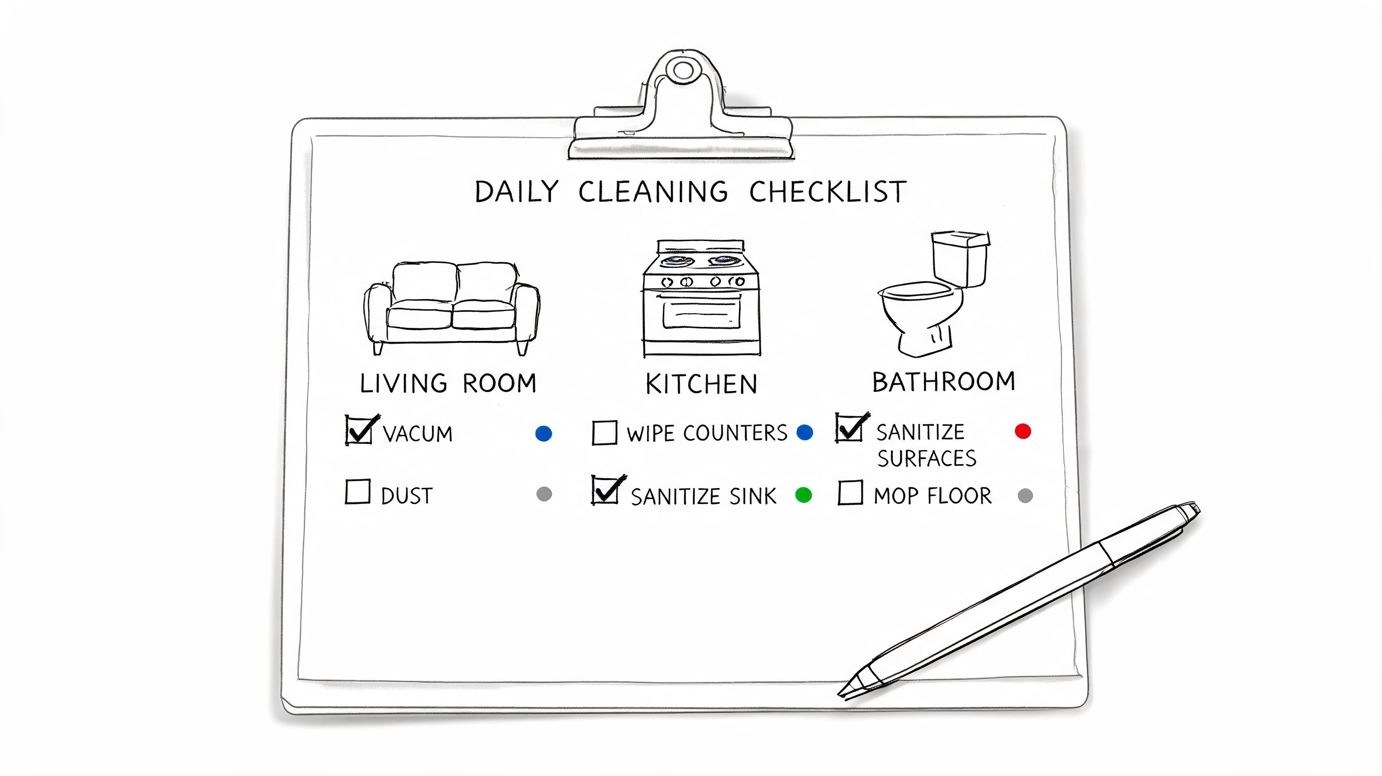 A hand-drawn clipboard featuring a daily cleaning checklist for a living room, kitchen, and bathroom.