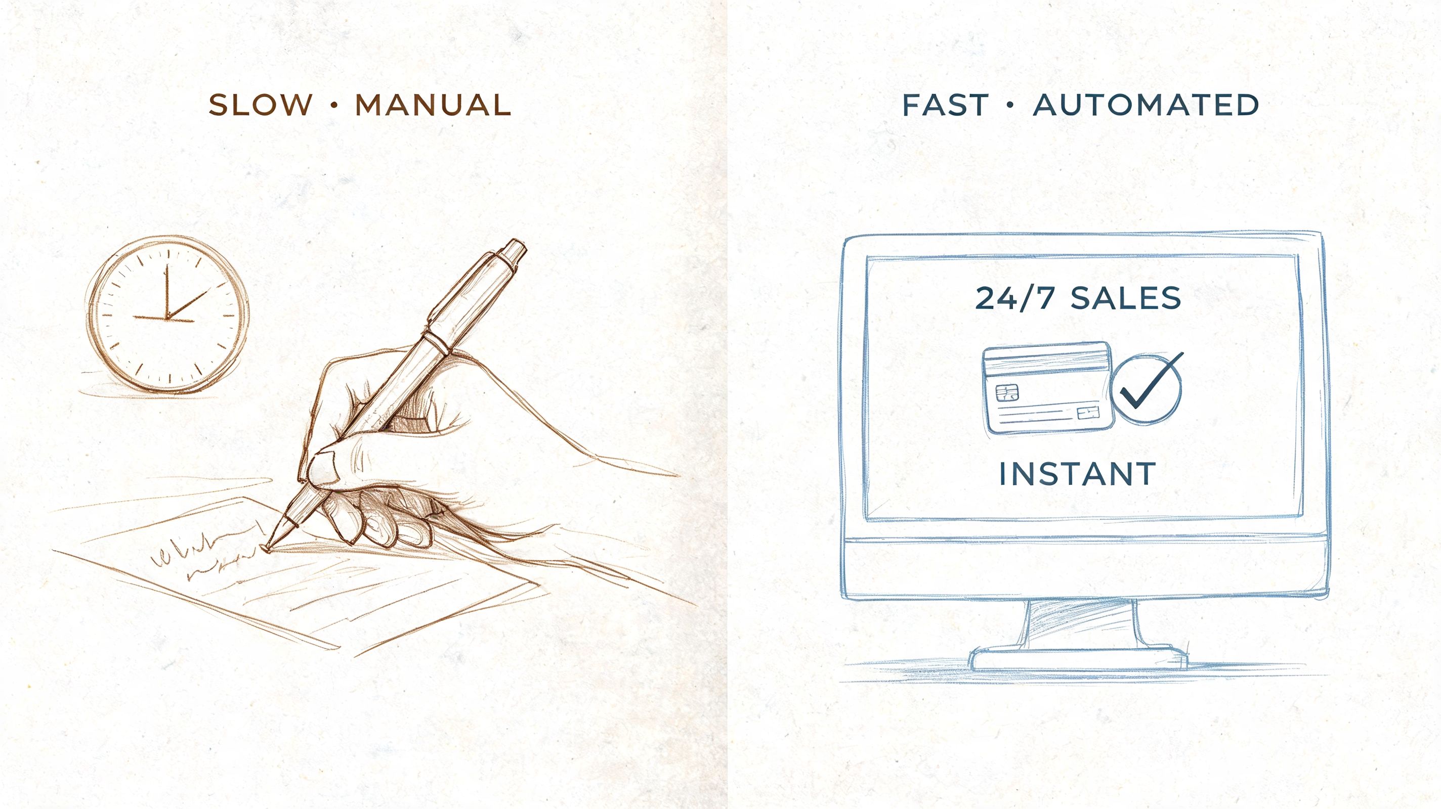 A conceptual comparison showing the difference between slow manual paperwork and fast automated online sales processing.
