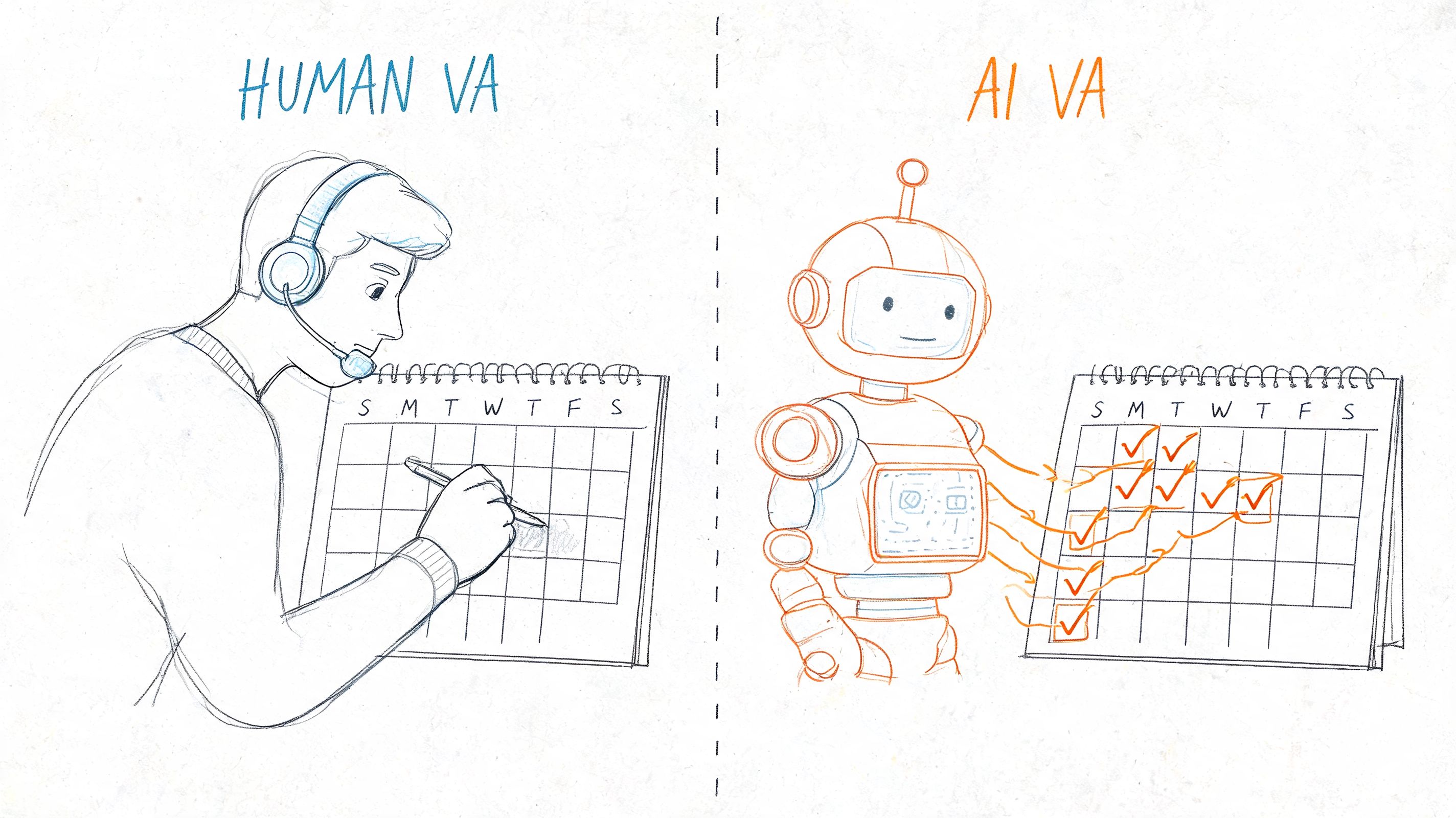 A line drawing comparing a human virtual assistant writing on a calendar with an AI virtual assistant.