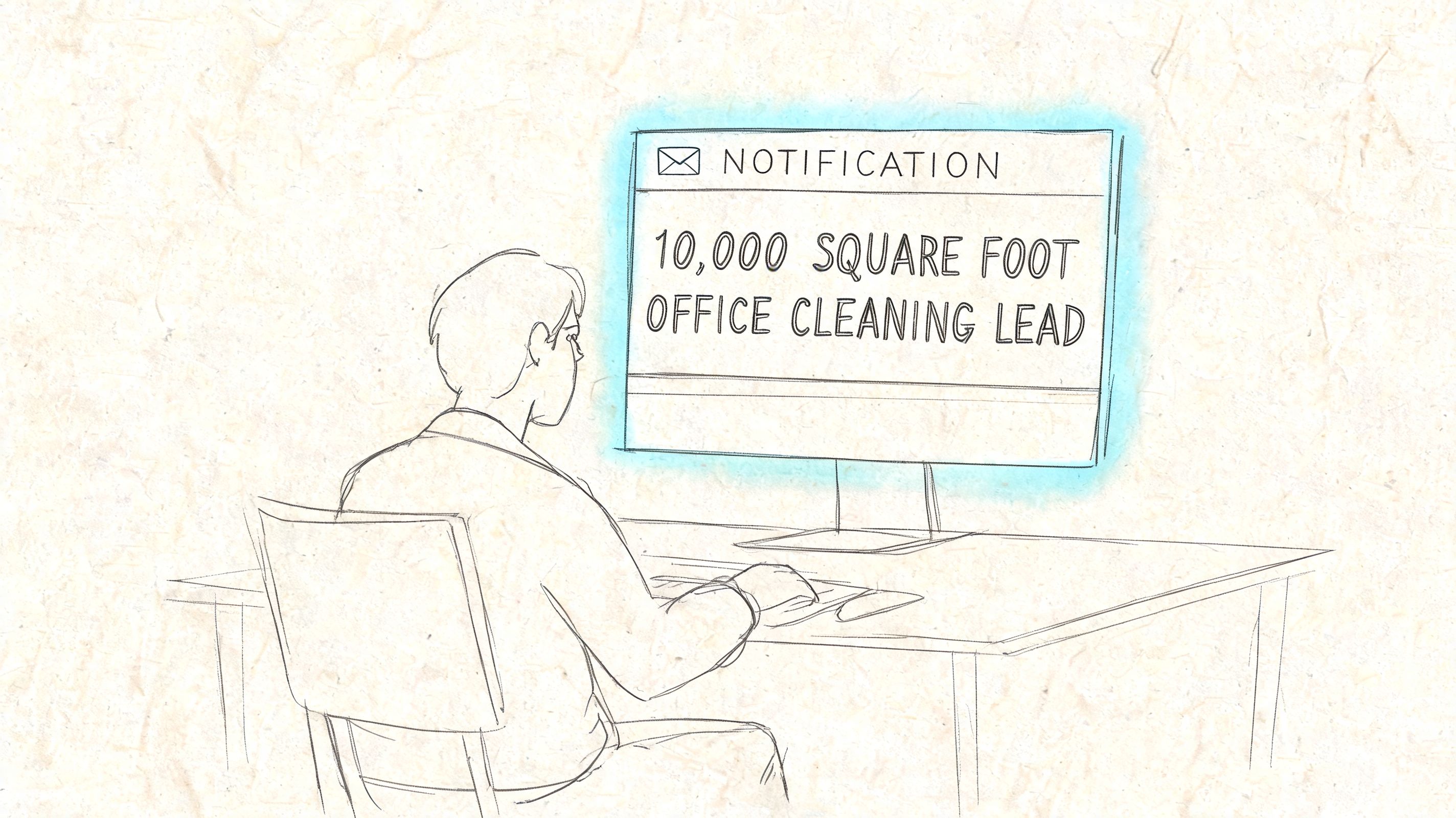 A person sitting at a desk looking at a computer screen displaying a new office cleaning lead notification.