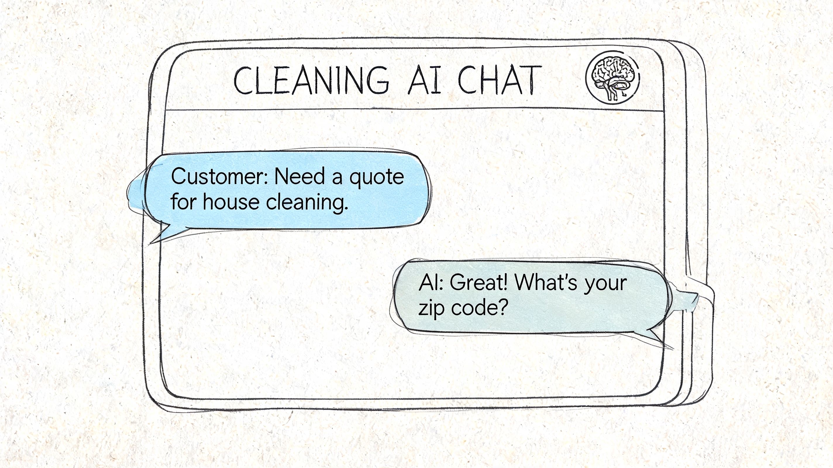 A simple sketch illustration of an AI chatbot interface handling a house cleaning service customer inquiry.