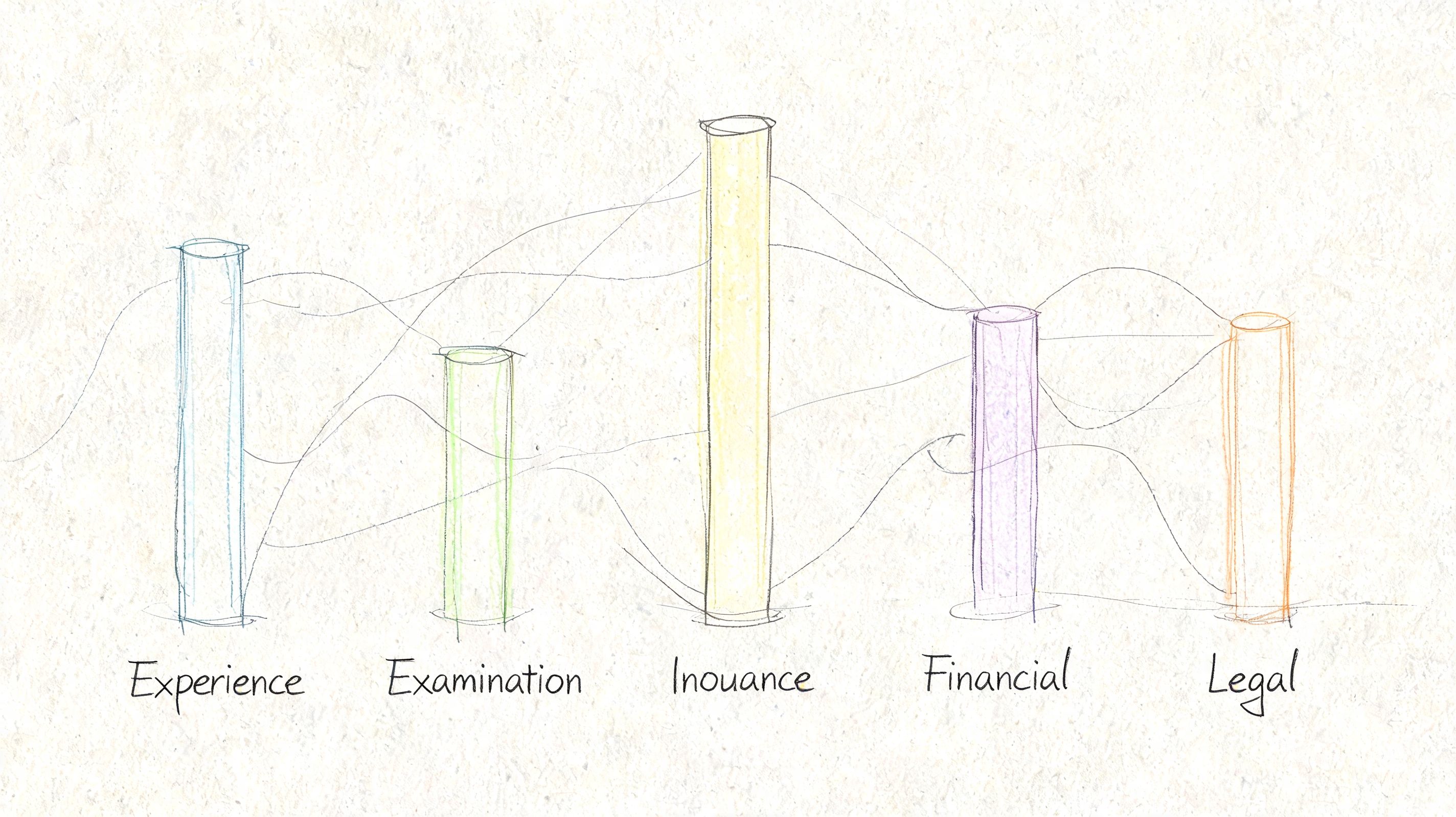 A hand-drawn chart visualizing various professional requirements, including experience, examination, insurance, financial, and legal criteria for contractors.