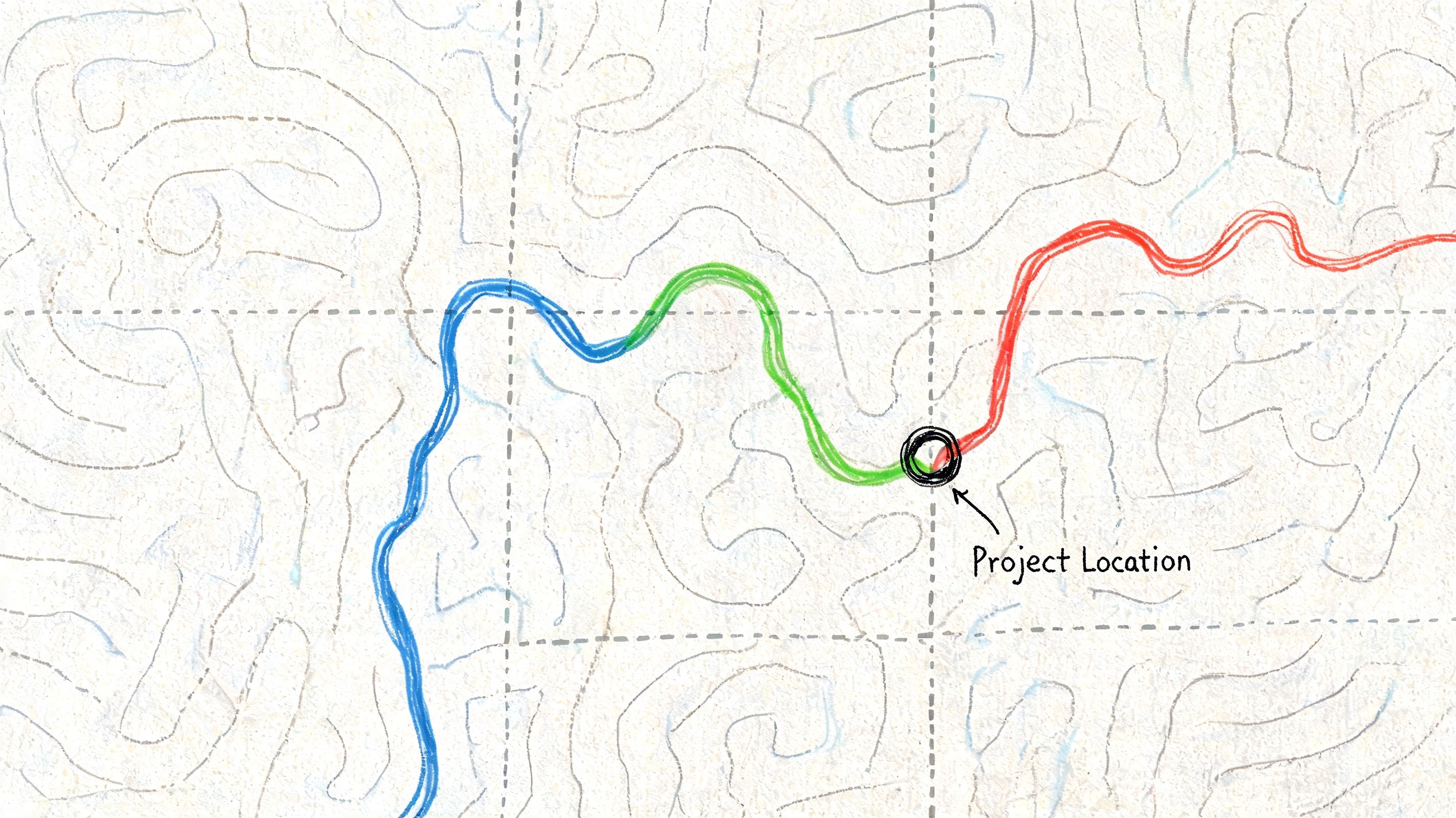A hand-drawn map showing a winding colored path leading to a marked project location point.