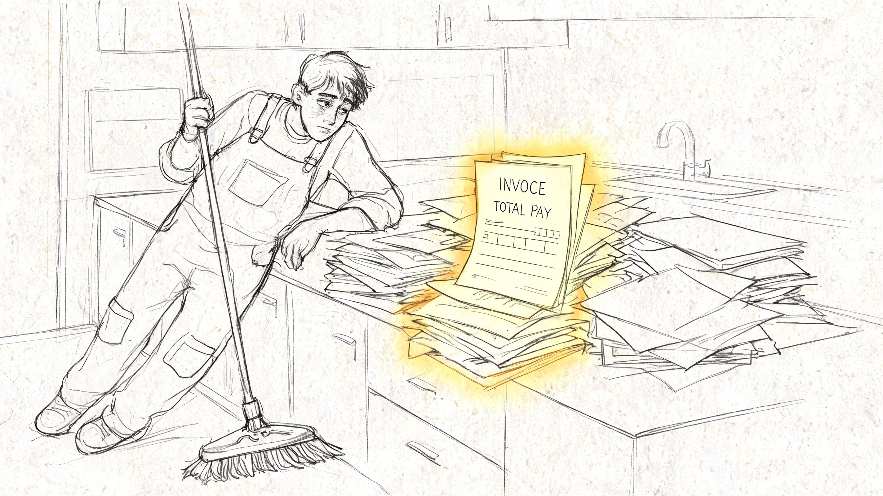 A tired person holding a broom, leaning over a cluttered kitchen counter filled with piles of invoices.