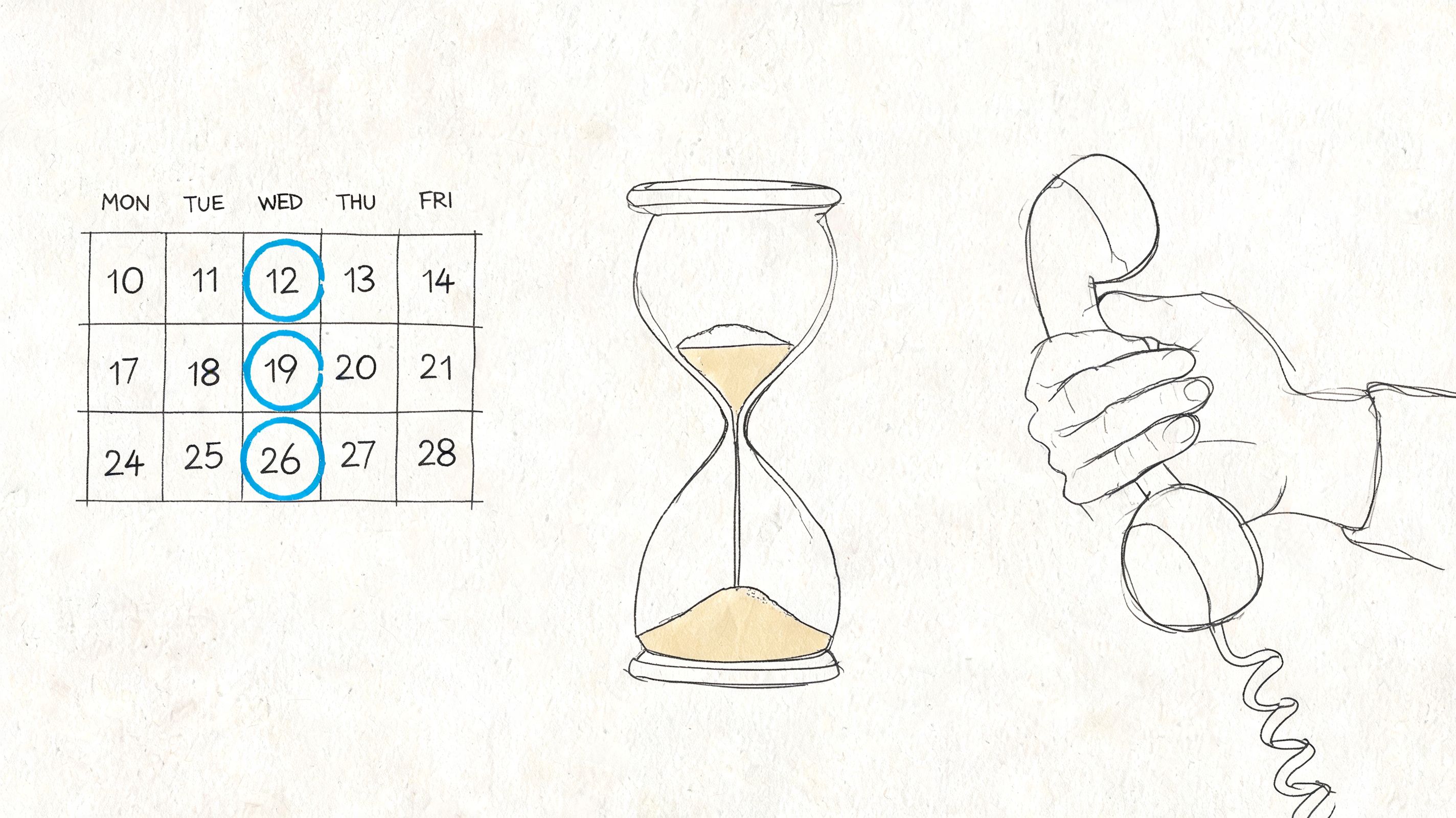 A hand-drawn illustration showing a weekly calendar with Wednesdays circled, an hourglass, and a telephone handset.