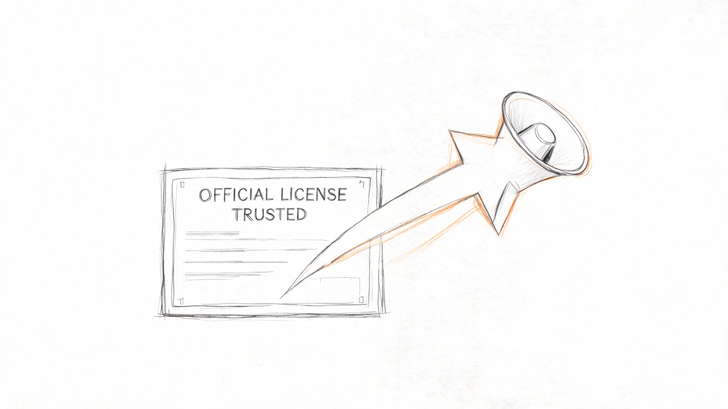 A hand-drawn sketch of a certificate with the words Official License Trusted pinned to a wall.