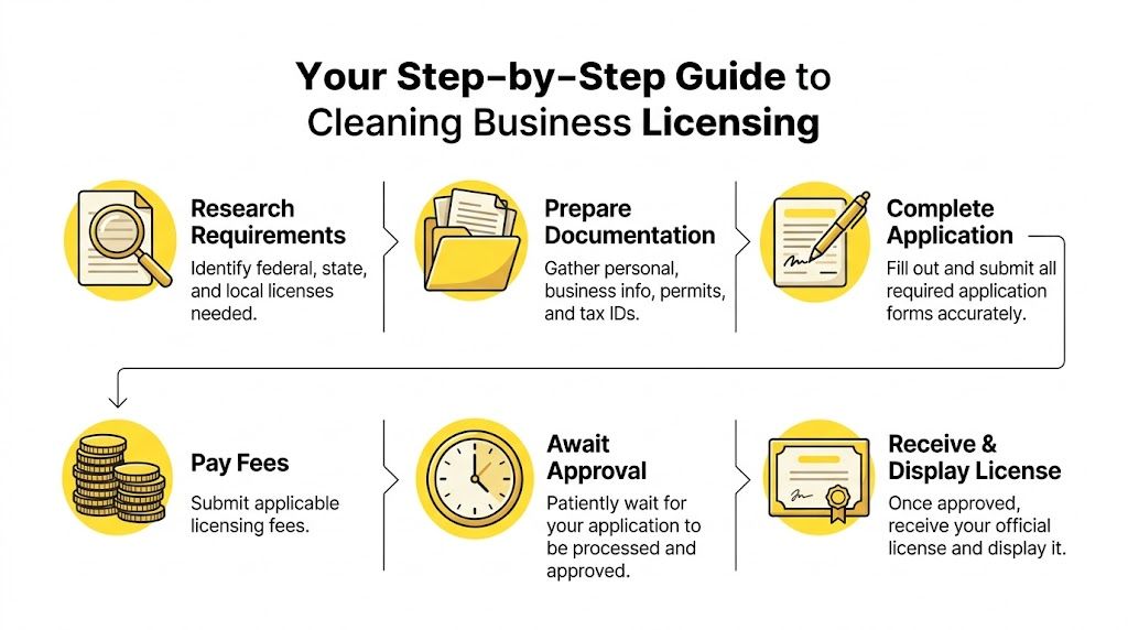 A step-by-step infographic illustrating the process of obtaining a license for a professional cleaning business.
