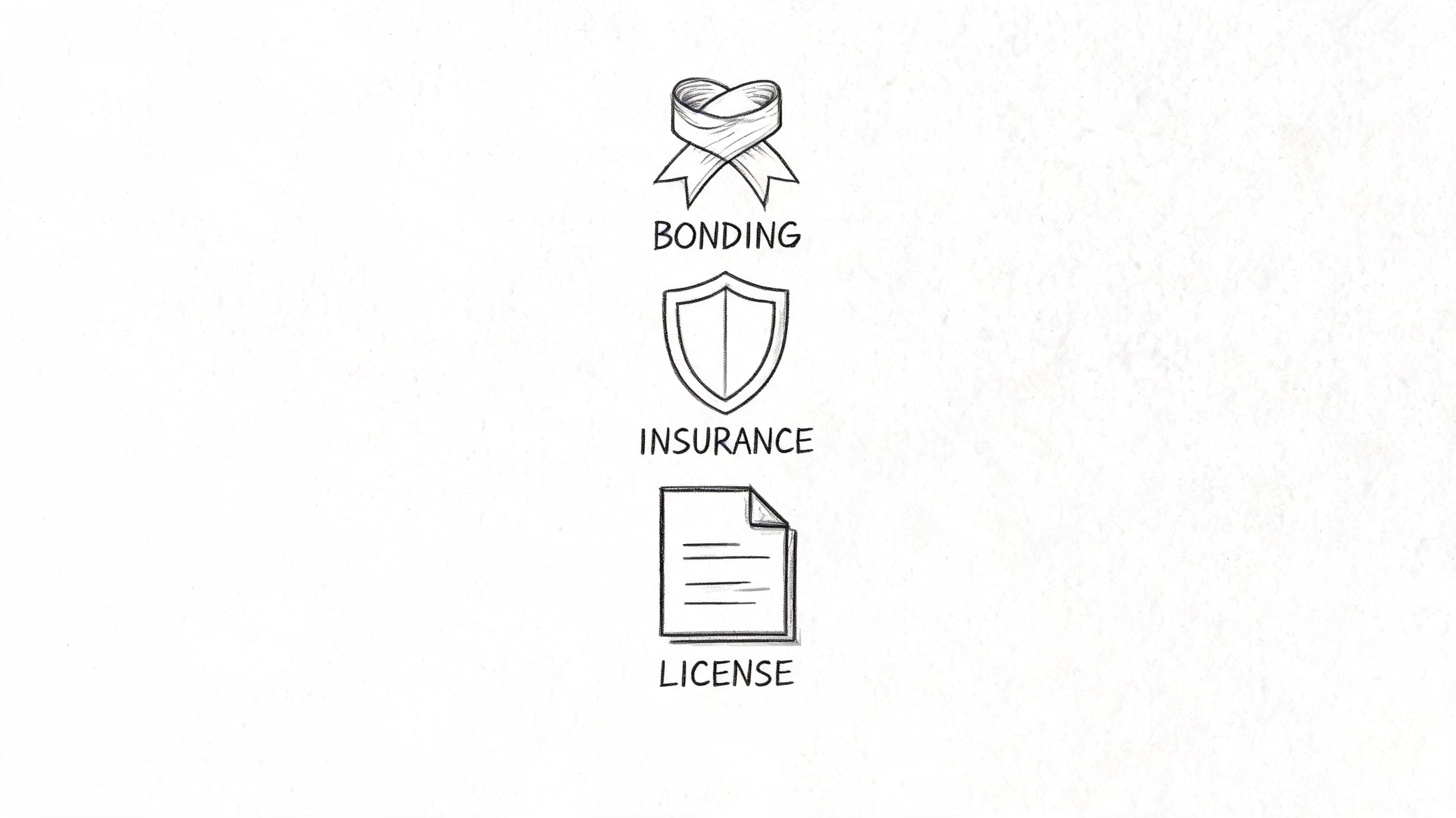 A hand-drawn illustration showing icons for bonding, insurance, and a license for professional business services.