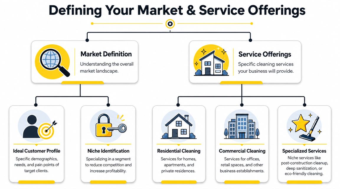 A flowchart diagram explaining how to define market and service offerings for a professional cleaning business.
