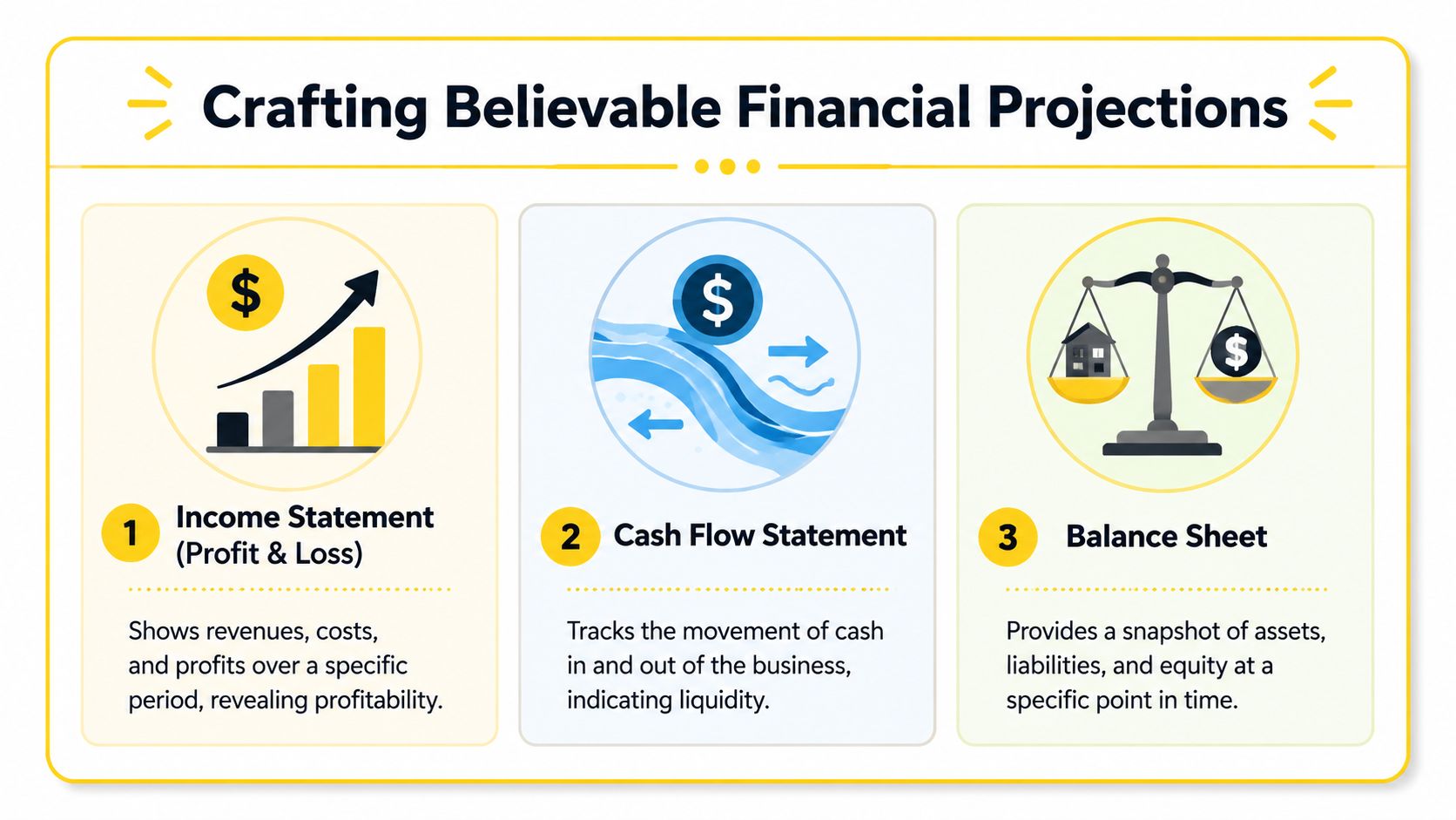 A visual guide explaining the three essential components of financial projections: Income Statement, Cash Flow Statement, and Balance Sheet.